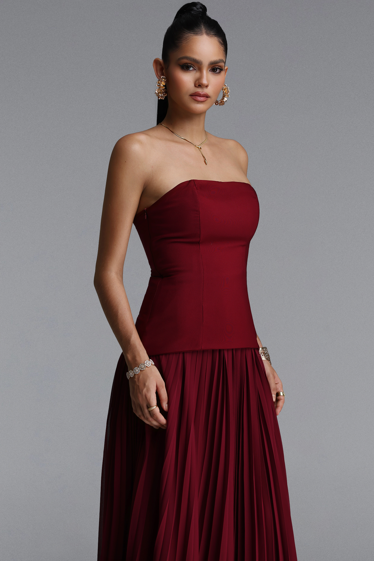 Nellie Elegant Strapless Ruched Floral Chiffon Maxi Dress
