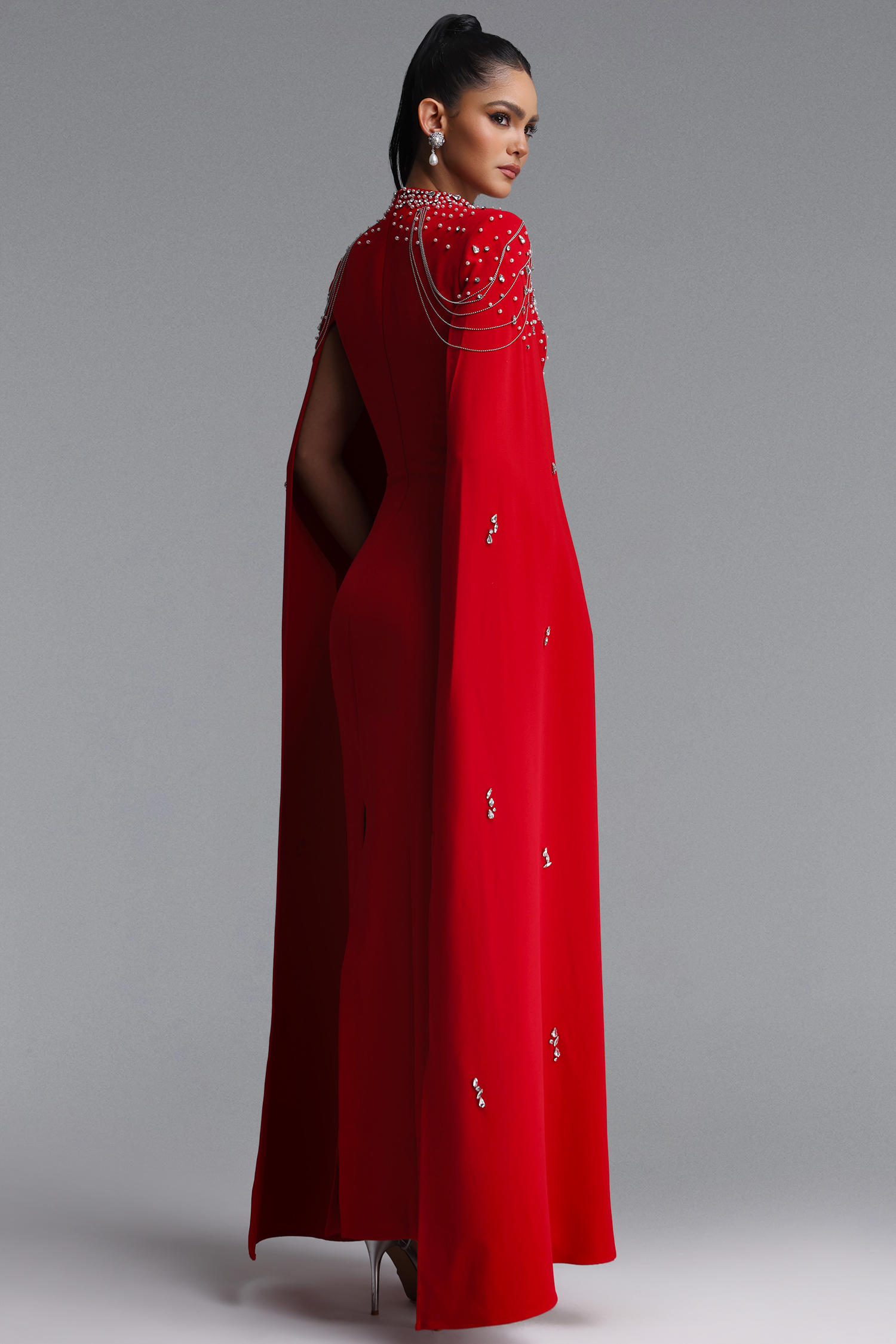 Valery Glamorous Square Neck Draped Sleeve Rhinestone Bandage Maxi Dress