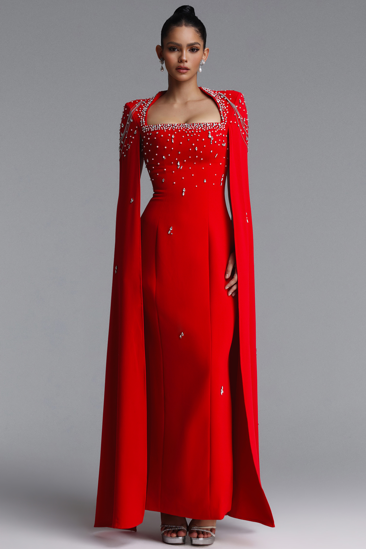 Valery Glamorous Square Neck Draped Sleeve Rhinestone Bandage Maxi Dress