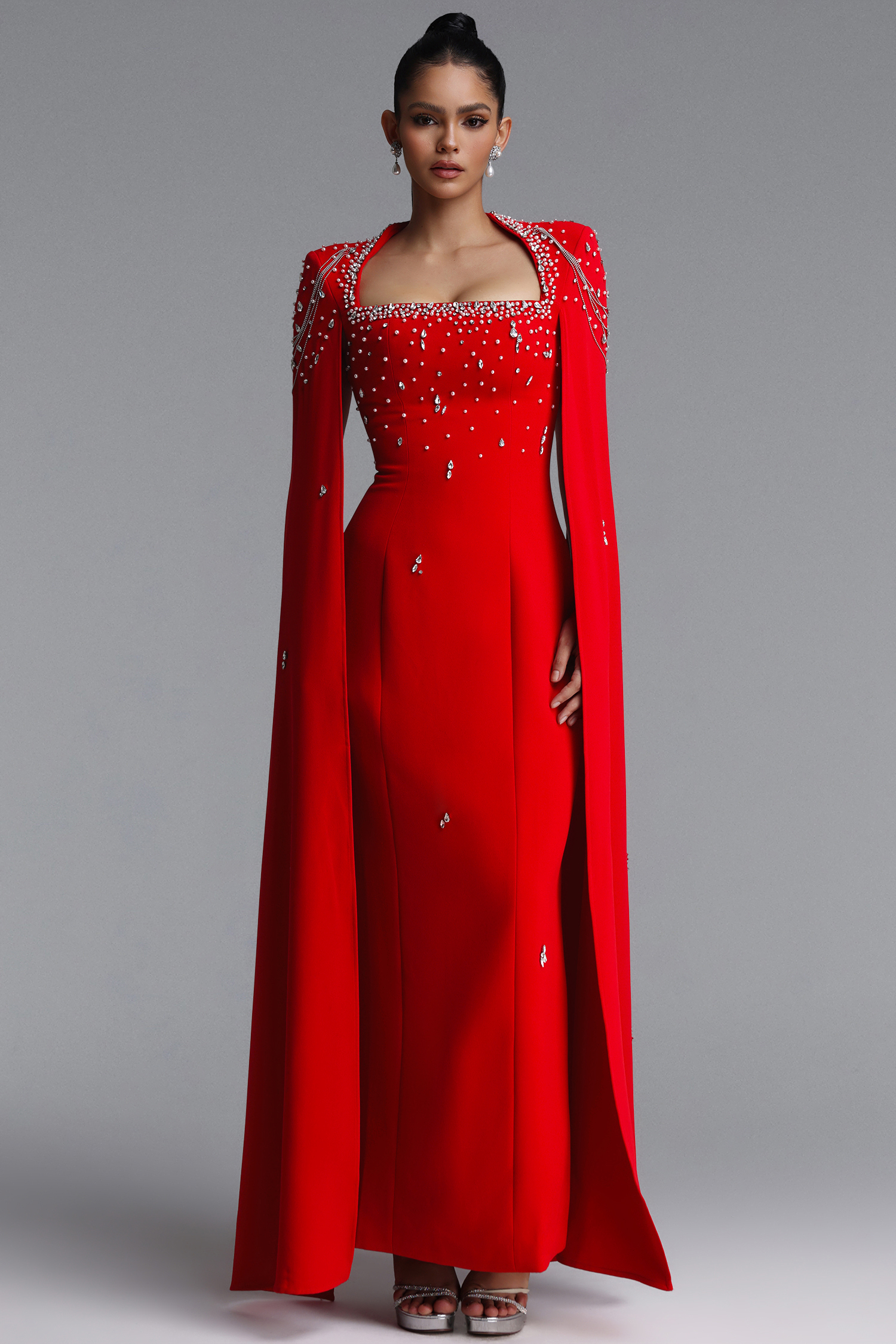 Valery Glamorous Square Neck Draped Sleeve Rhinestone Bandage Maxi Dress