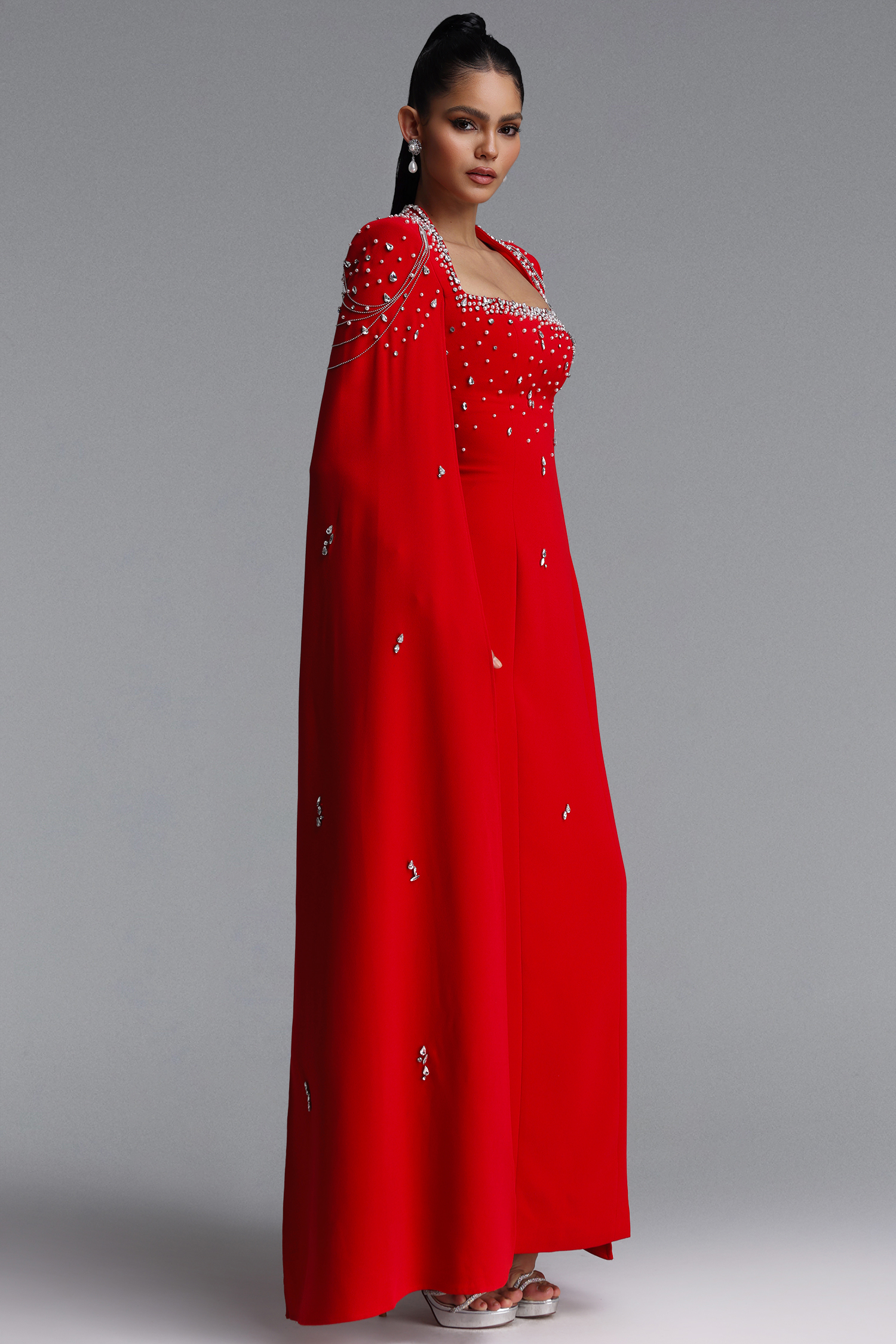 Valery Glamorous Square Neck Draped Sleeve Rhinestone Bandage Maxi Dress