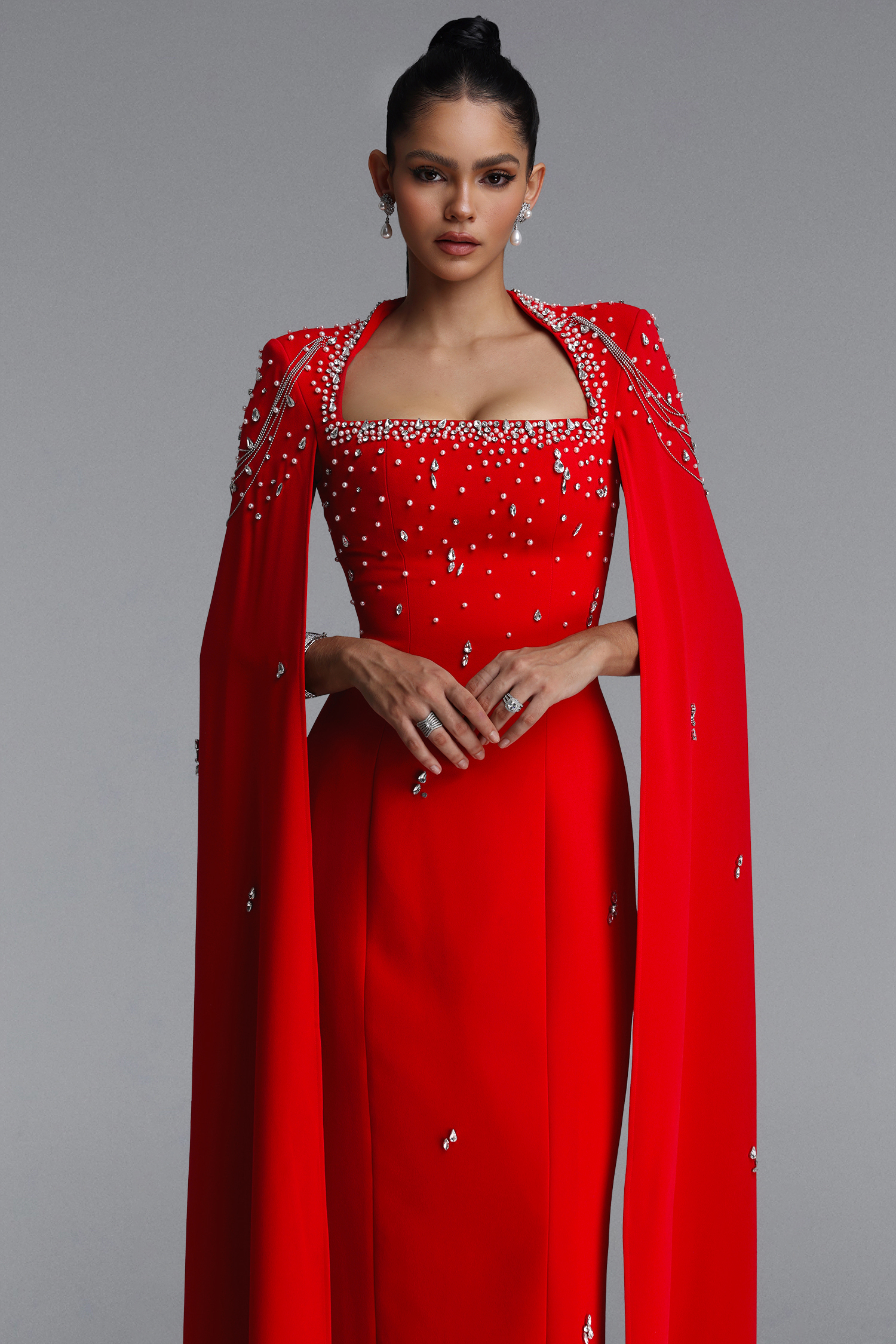 Valery Glamorous Square Neck Draped Sleeve Rhinestone Bandage Maxi Dress