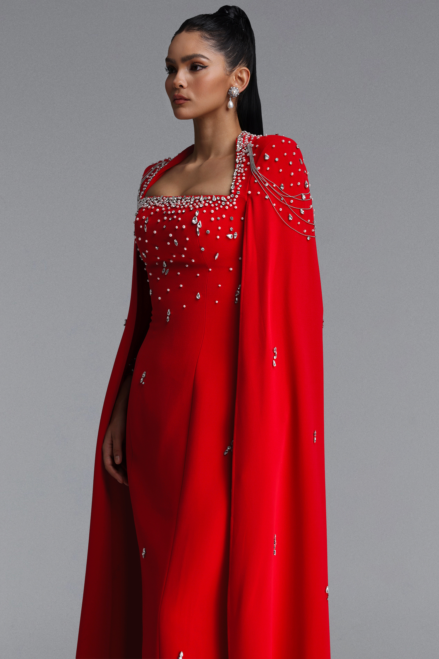 Valery Glamorous Square Neck Draped Sleeve Rhinestone Bandage Maxi Dress