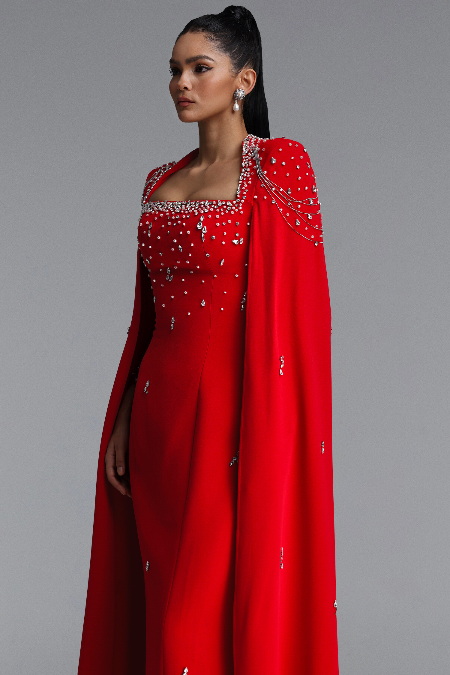 Valery Glamorous Square Neck Draped Sleeve Rhinestone Bandage Maxi Dress