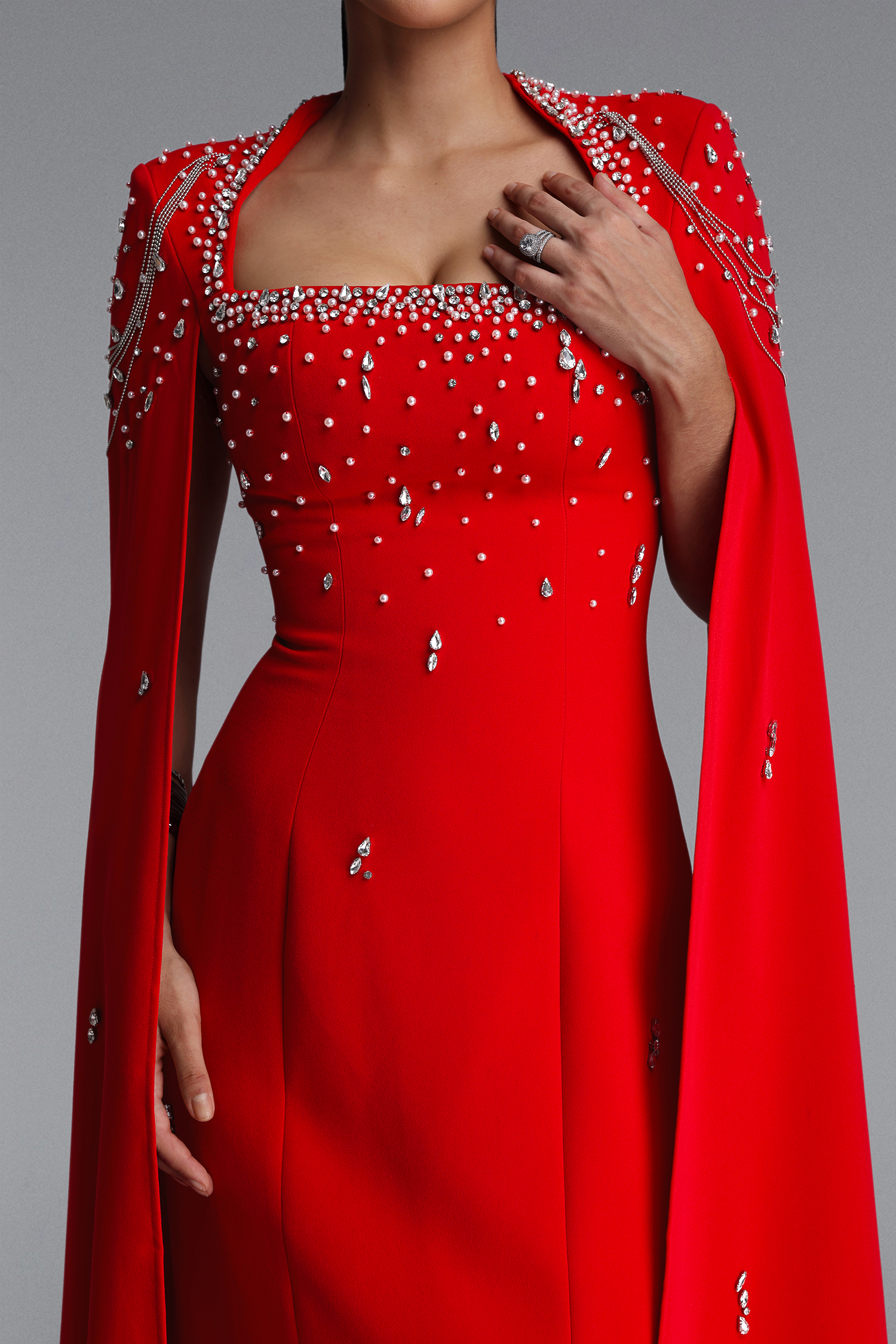 Valery Glamorous Square Neck Draped Sleeve Rhinestone Bandage Maxi Dress