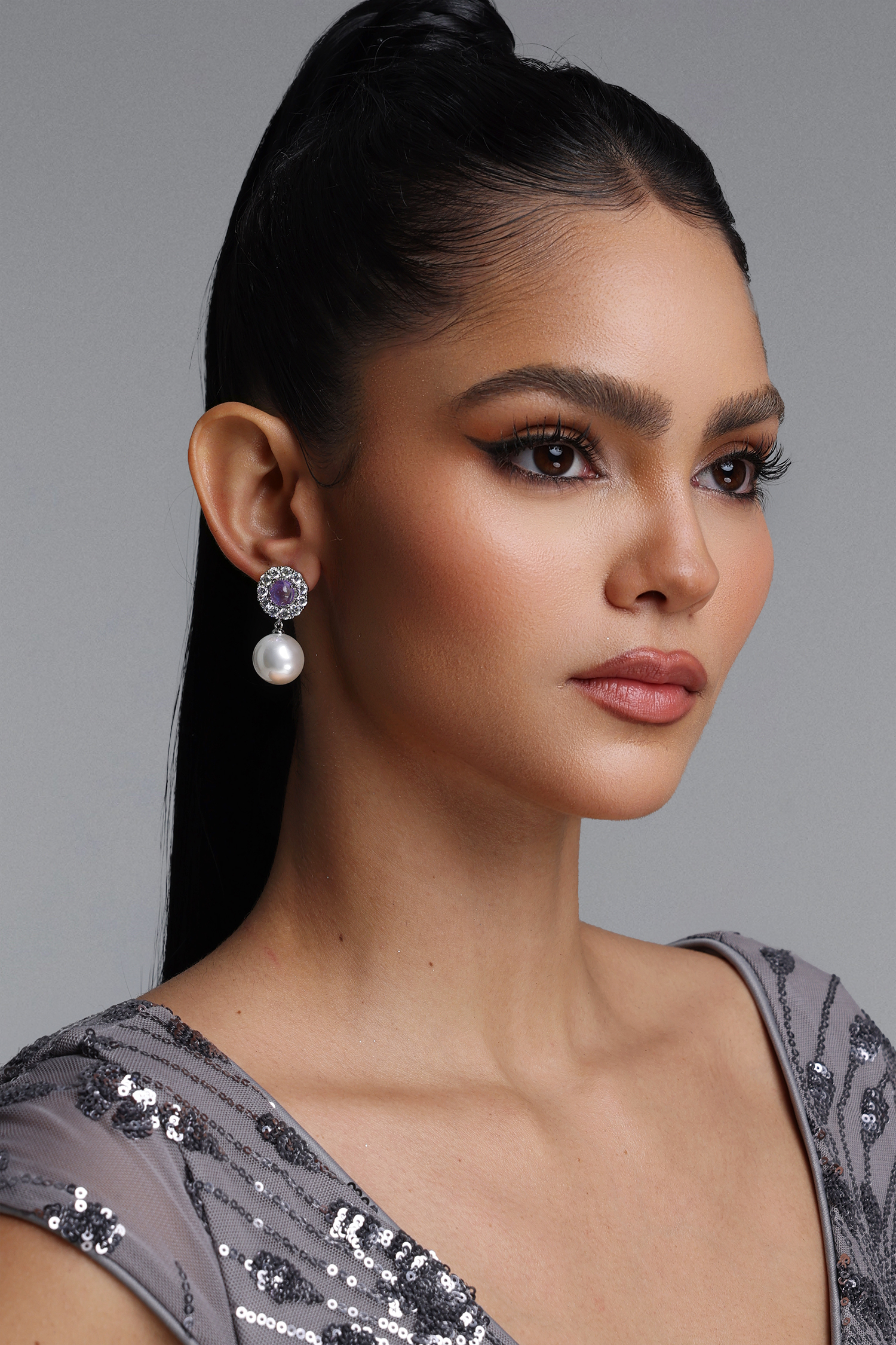 Zuelia Luxe Halo Rhinestone Purple Gem Pearl Drop Earrings