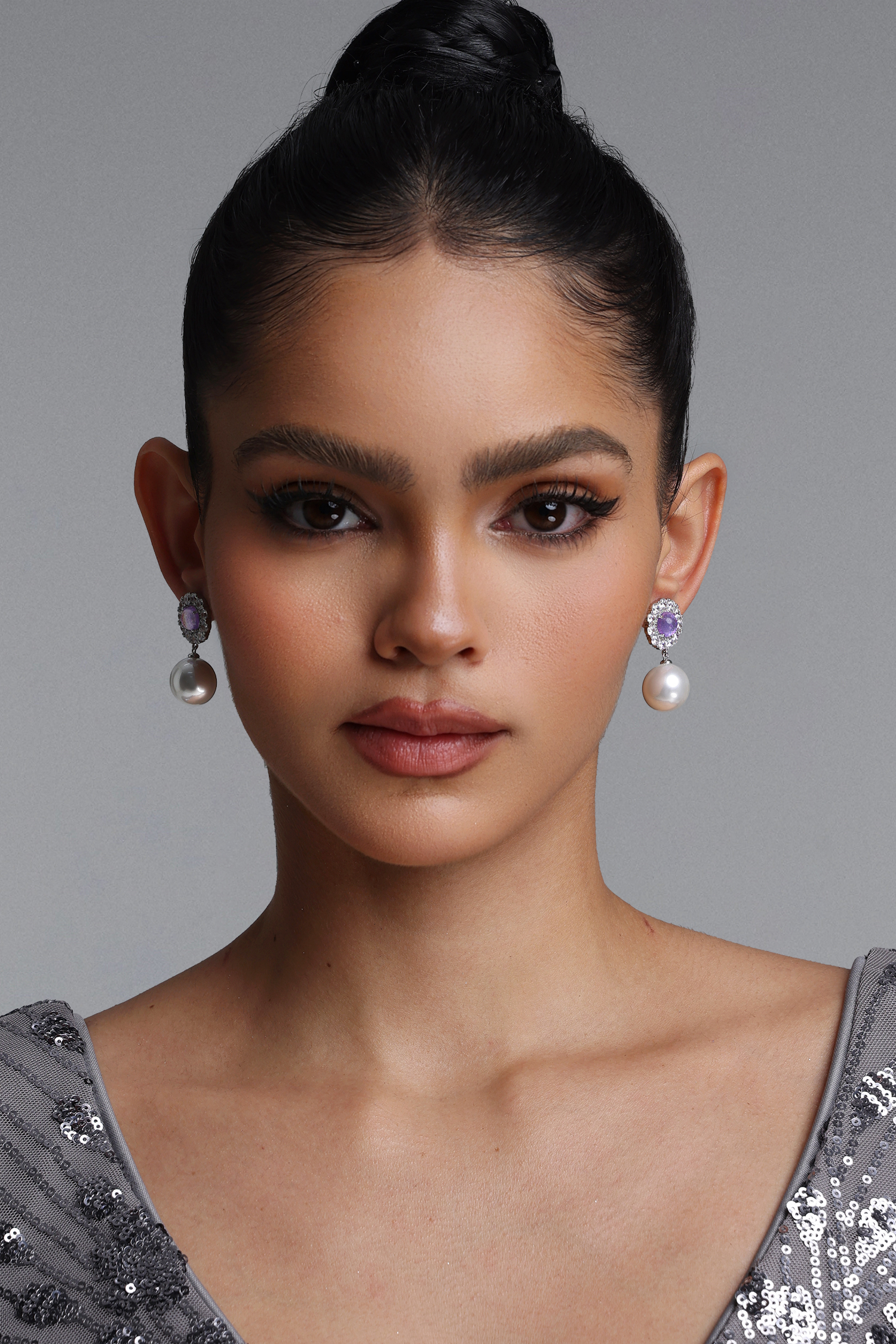 Zuelia Luxe Halo Rhinestone Purple Gem Pearl Drop Earrings