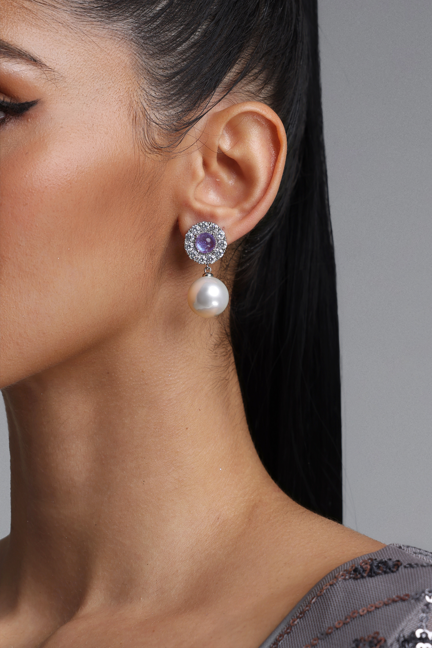 Zuelia Luxe Halo Rhinestone Purple Gem Pearl Drop Earrings