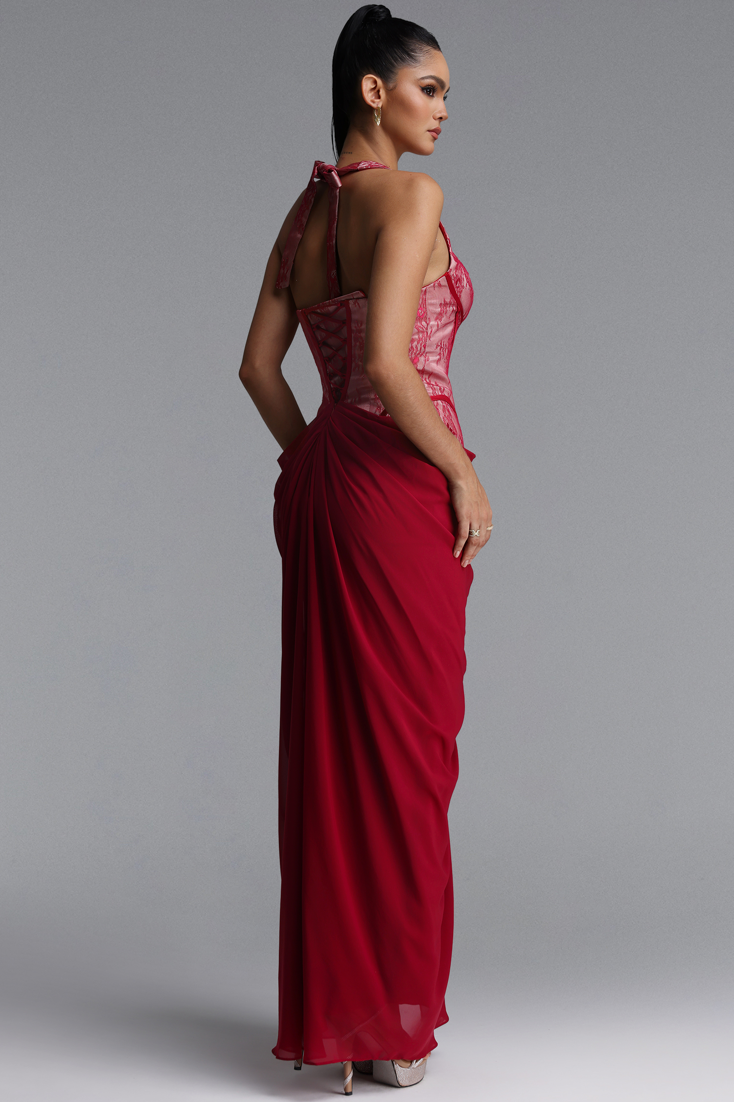 Yuria Classic Halter V Neck Lace Slit Maxi Dress