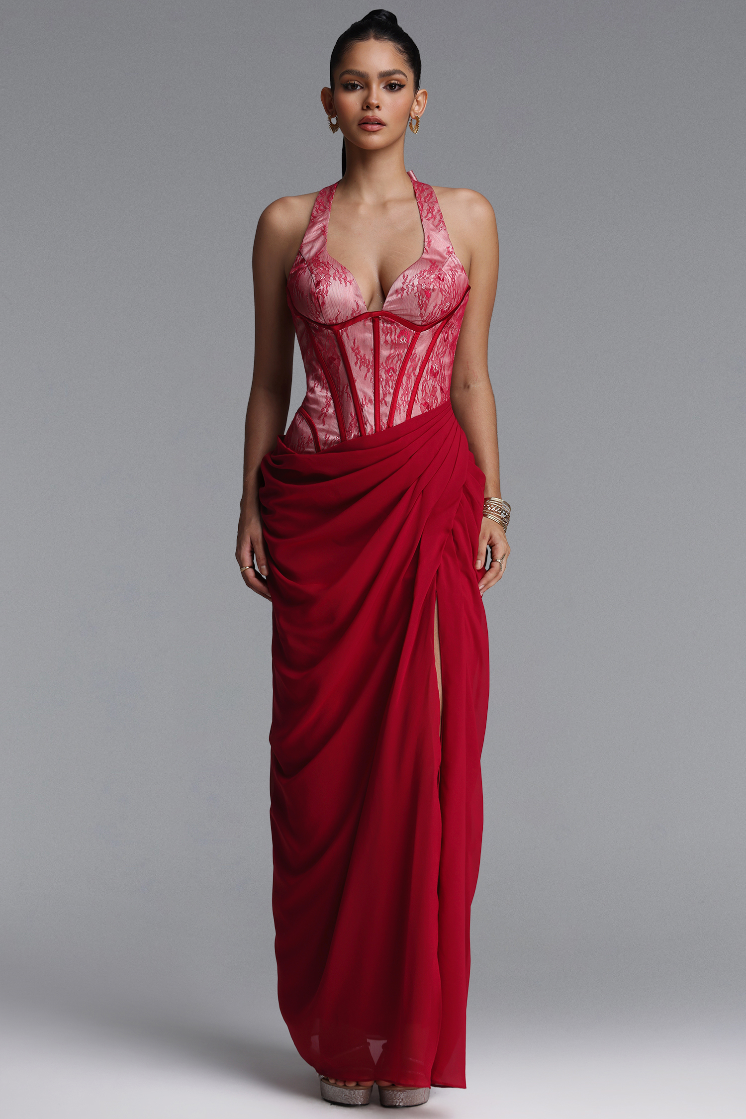 Yuria Classic Halter V Neck Lace Slit Maxi Dress