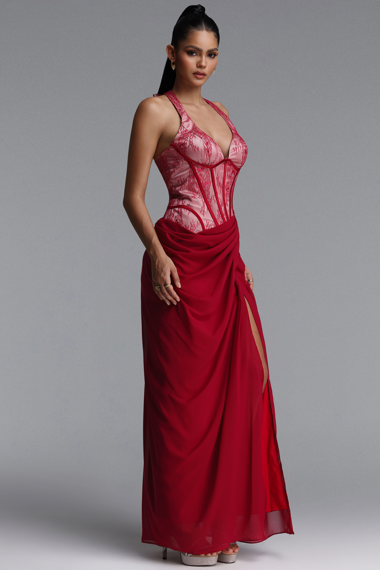 Yuria Classic Halter V Neck Lace Slit Maxi Dress