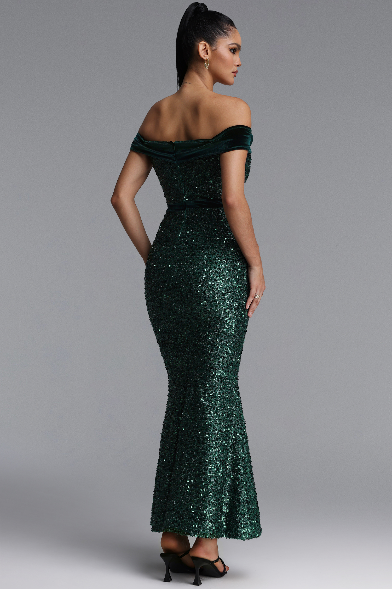 Marge Glamorous Off Shoulder Sequin Mermaid Velvet Maxi Dress