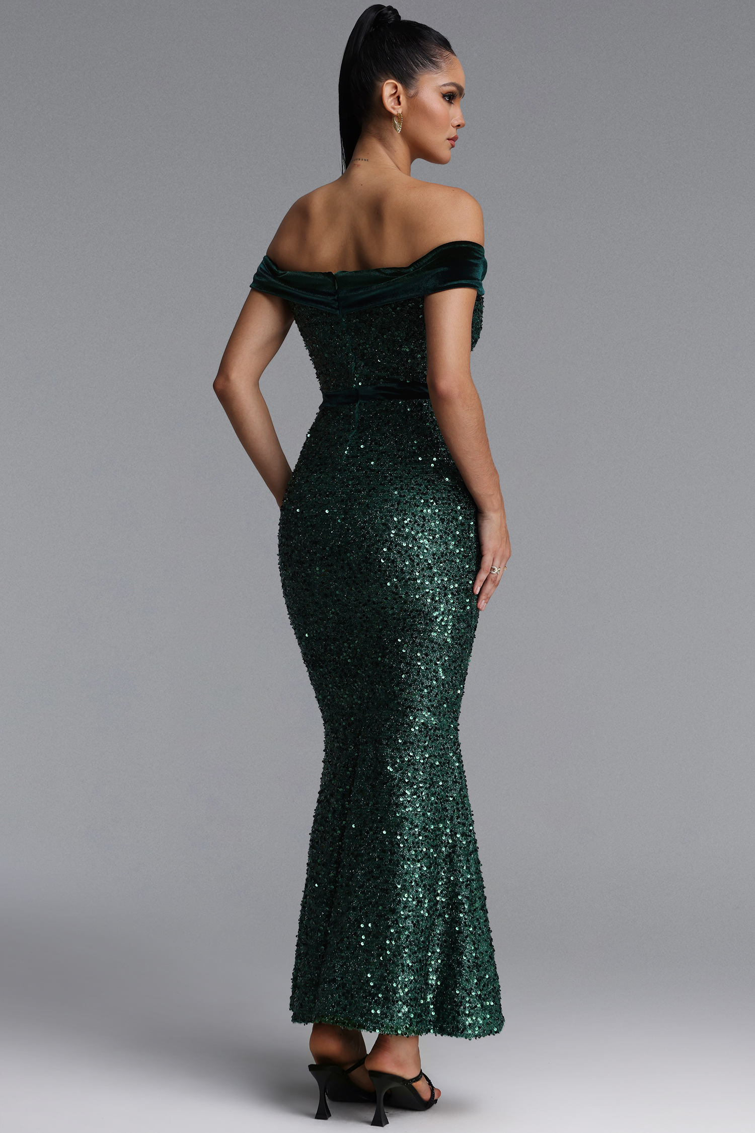Marge Glamorous Off Shoulder Sequin Mermaid Velvet Maxi Dress