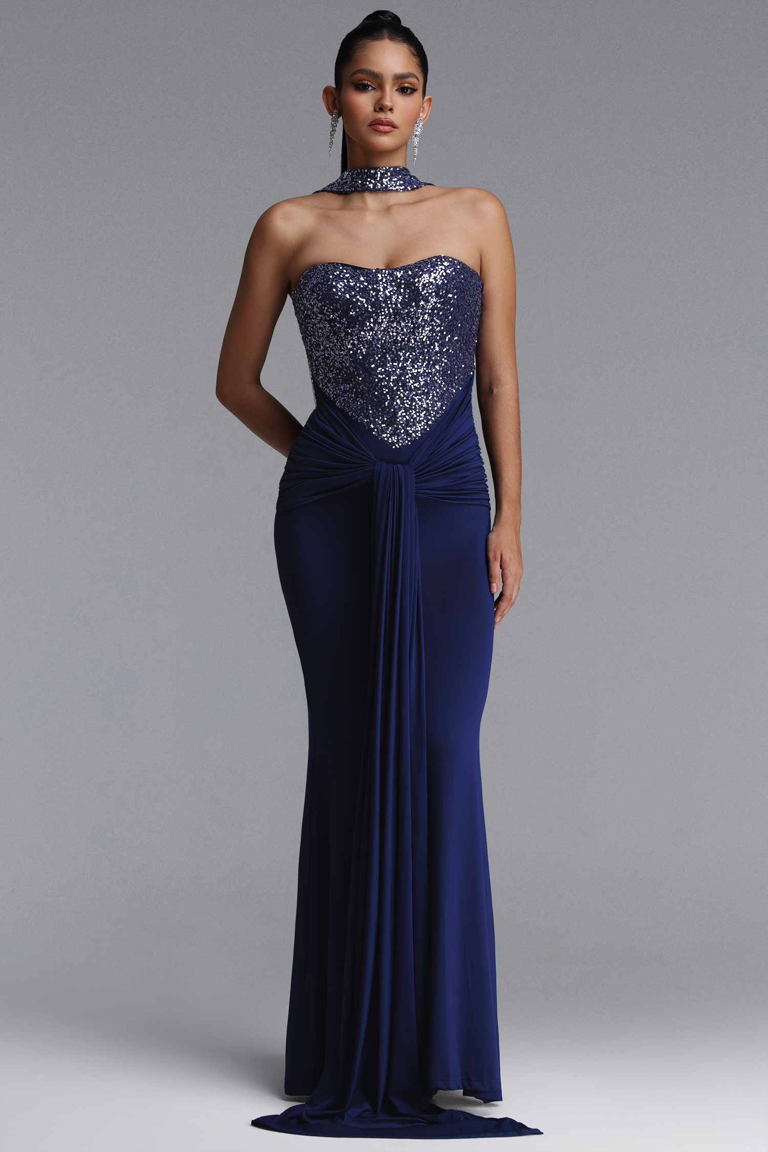 Lunare Glamorous Strapless Sequin Waist Twisted Draped Mermaid Maxi Dress