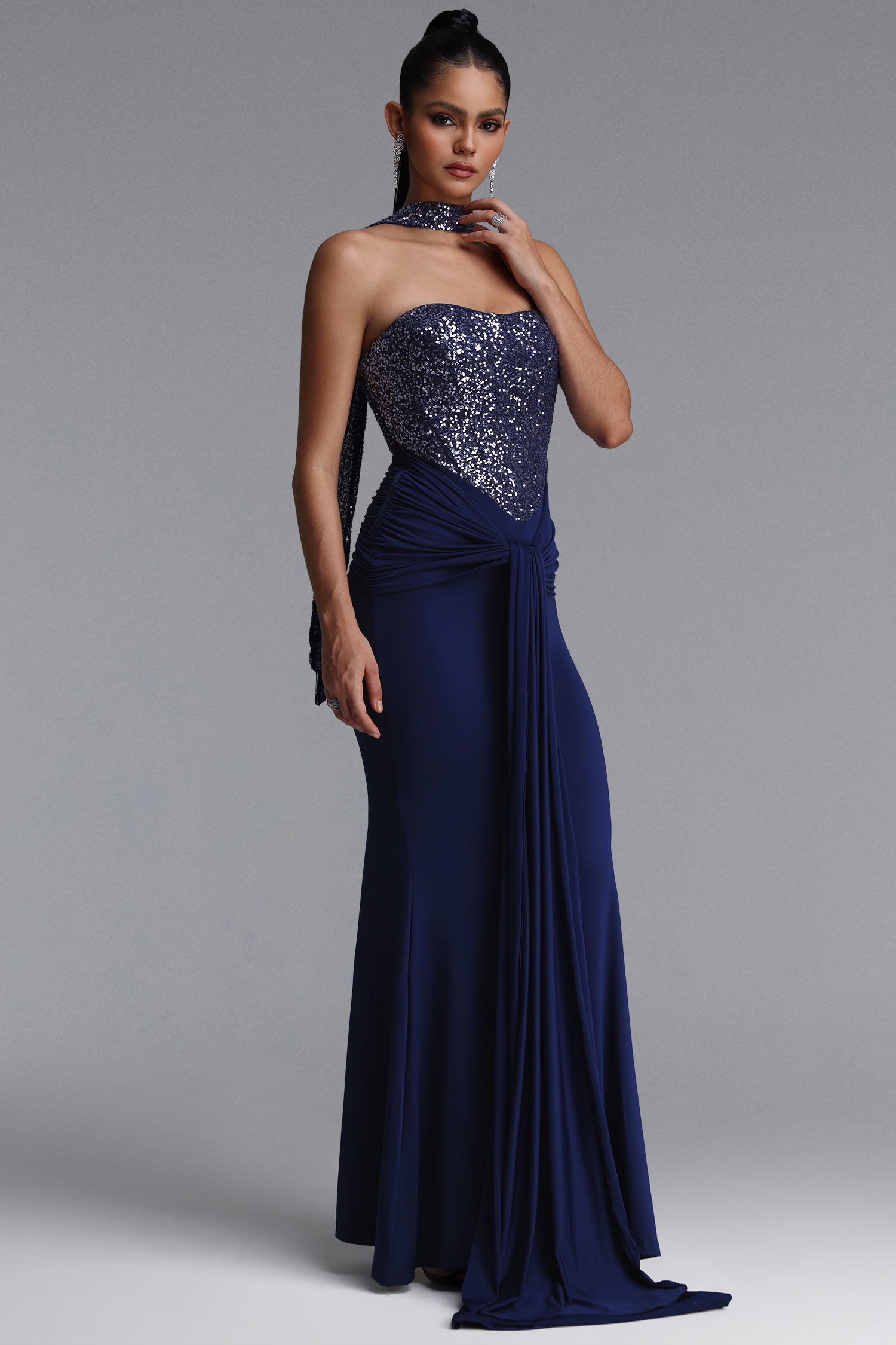 Lunare Glamorous Strapless Sequin Waist Twisted Draped Mermaid Maxi Dress