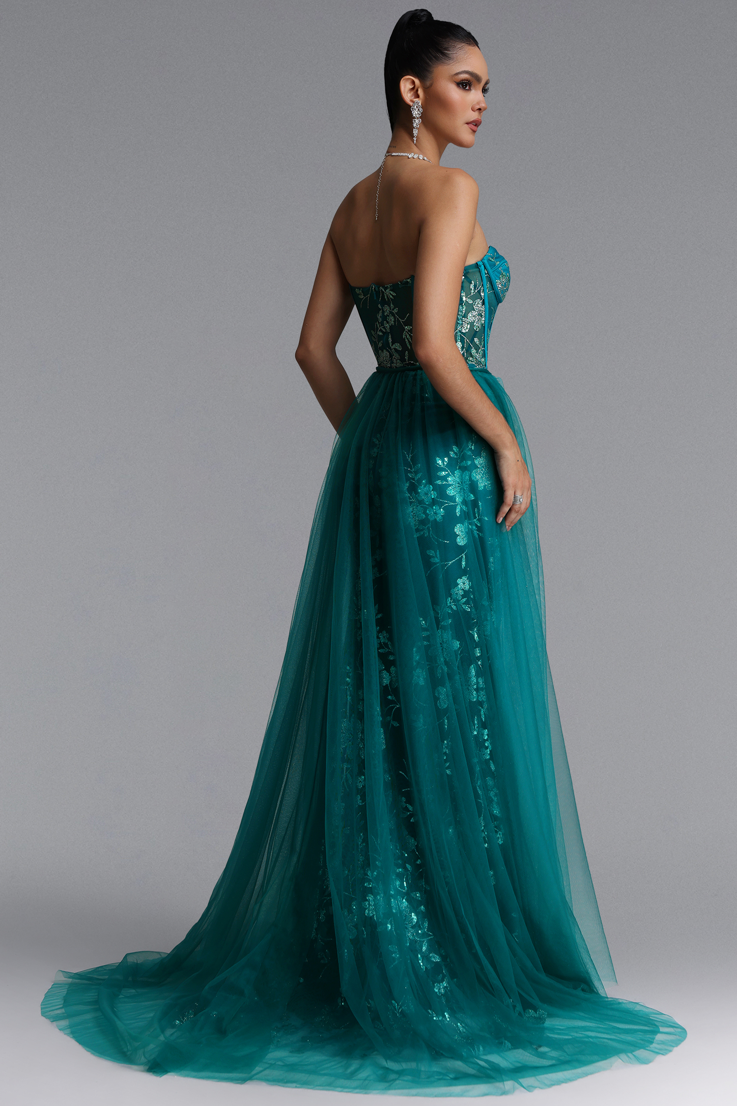 Xiacly Classic Strapless Floral Slit Sequin Maxi Dress