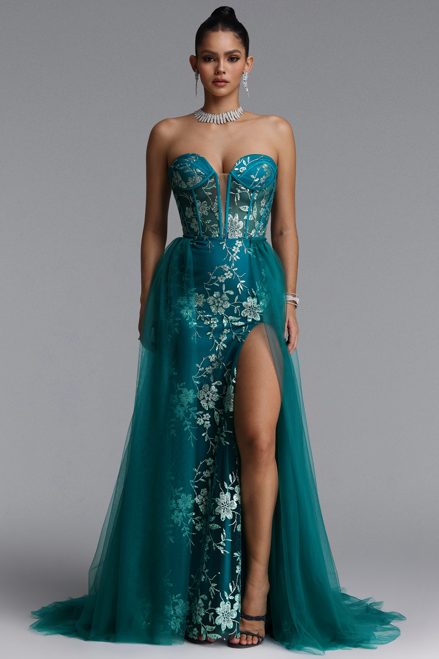 Xiacly Classic Strapless Floral Slit Sequin Maxi Dress