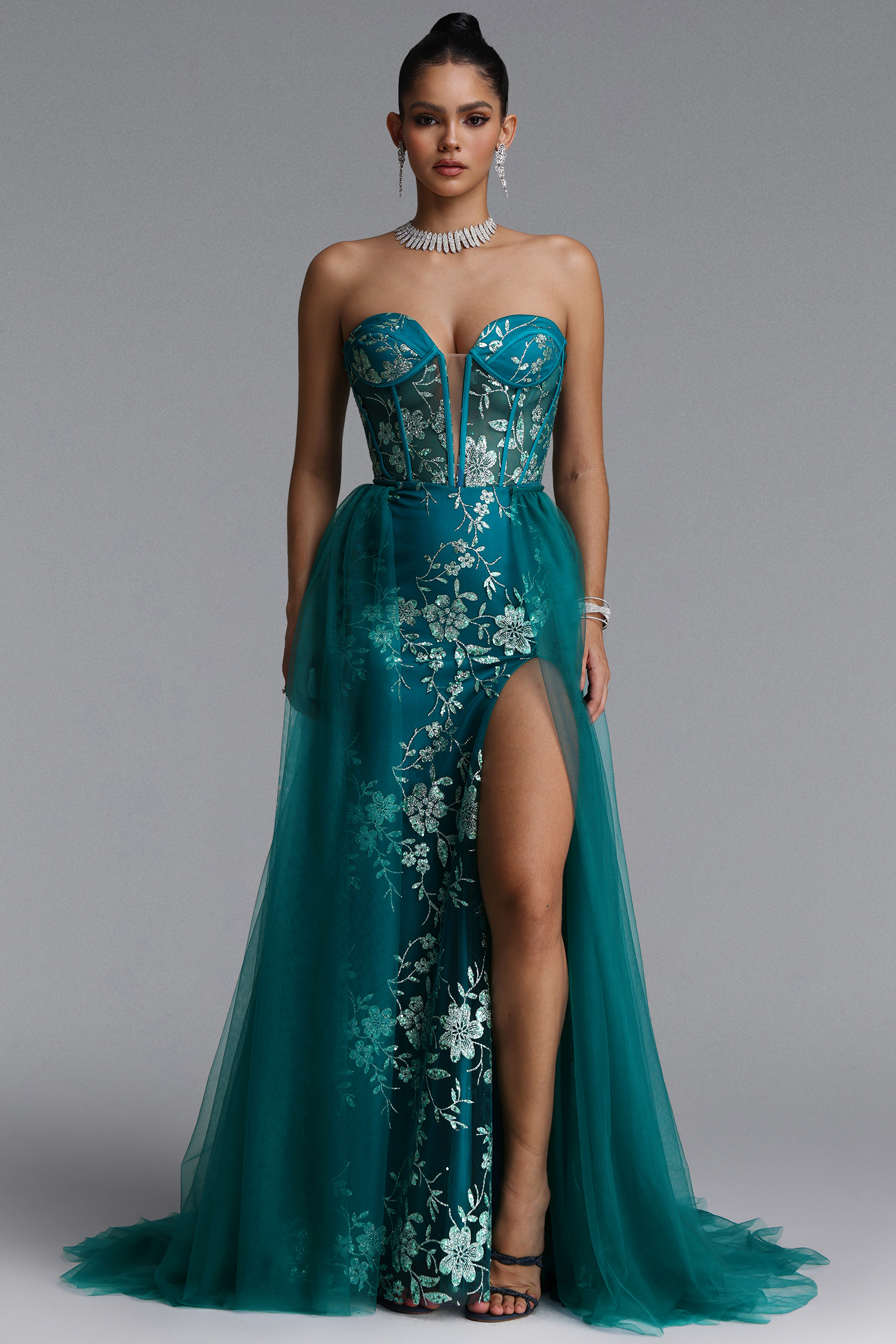 Xiacly Classic Strapless Floral Slit Sequin Maxi Dress