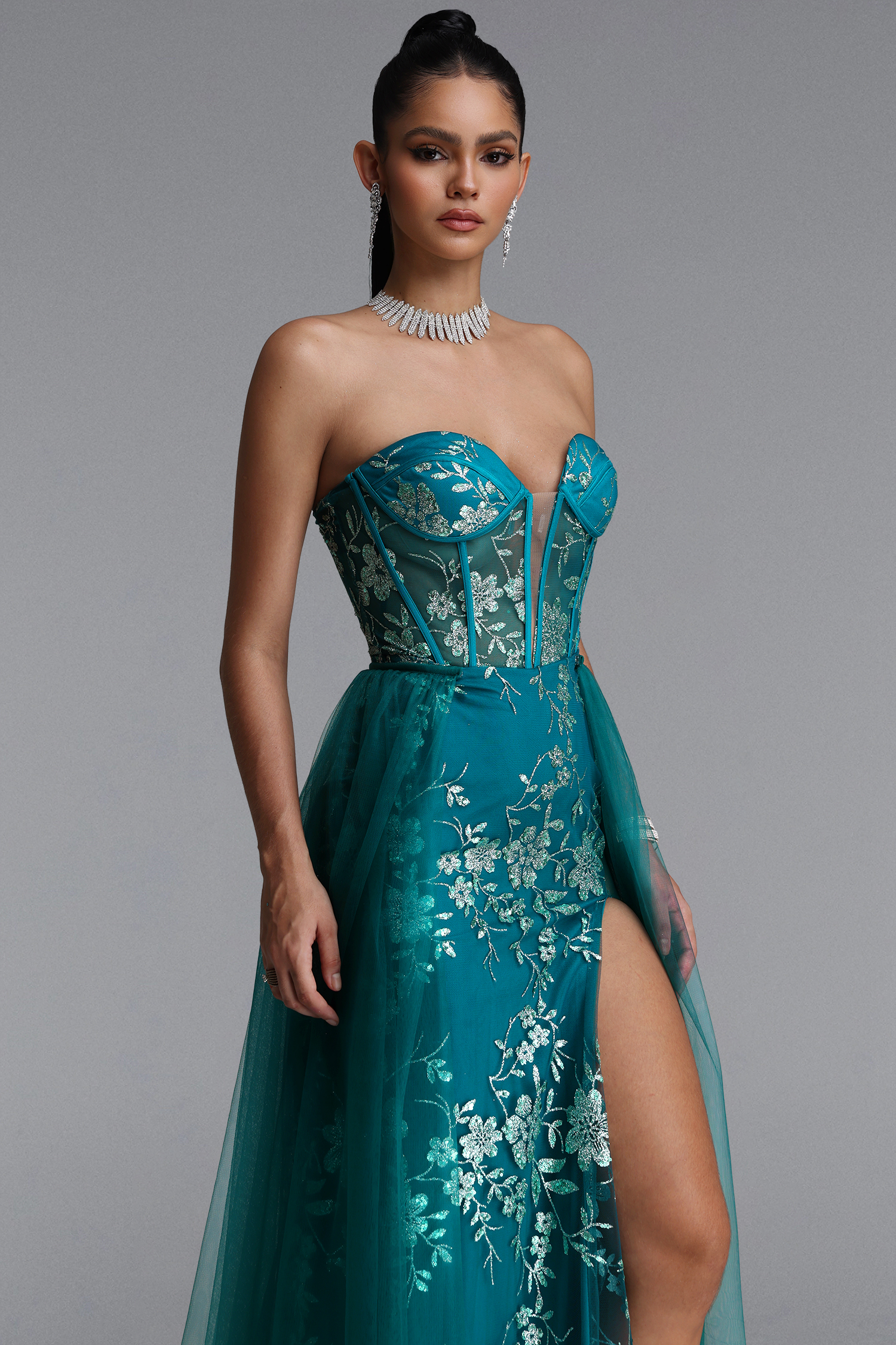Xiacly Classic Strapless Floral Slit Sequin Maxi Dress