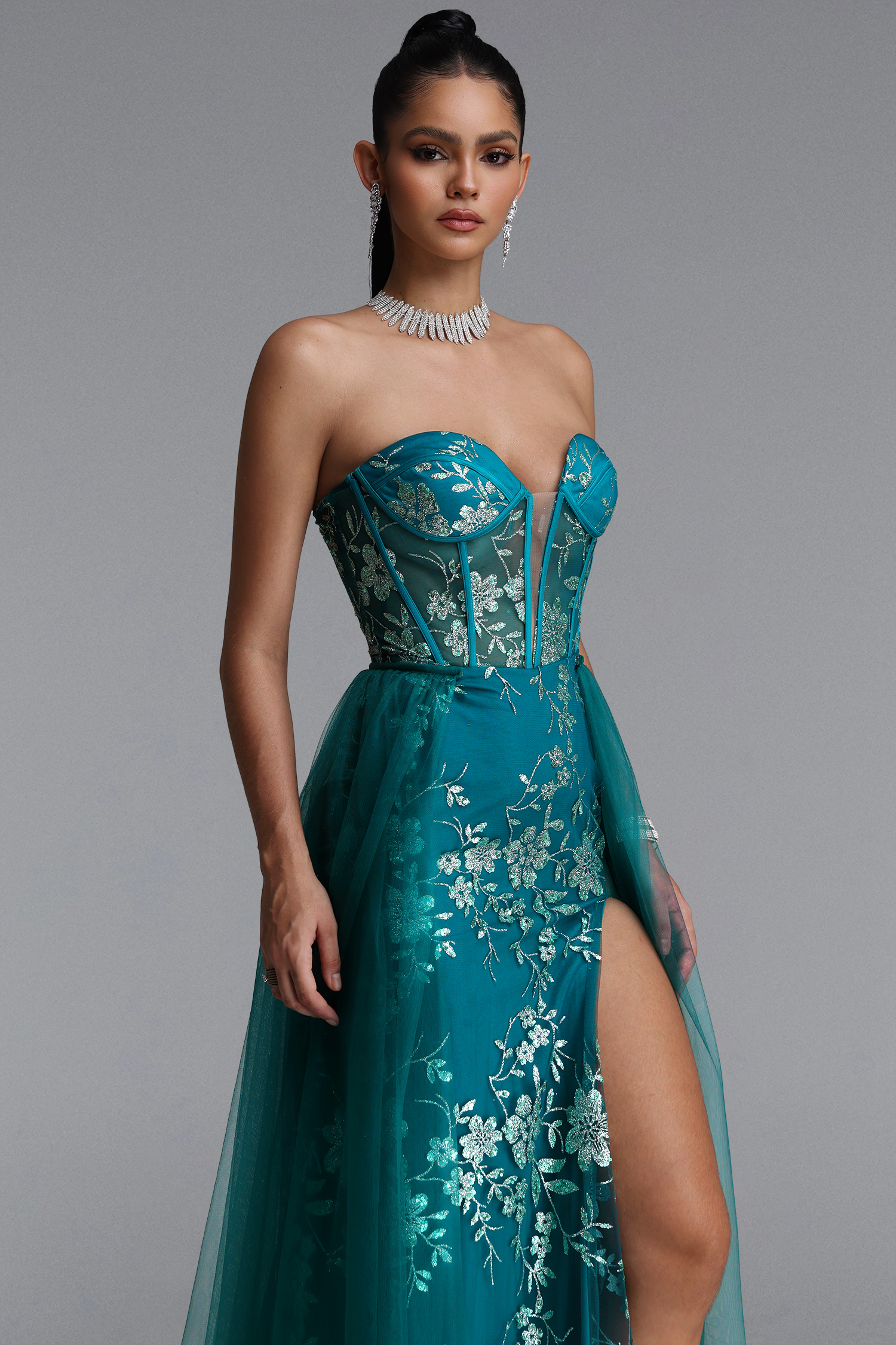 Xiacly Classic Strapless Floral Slit Sequin Maxi Dress