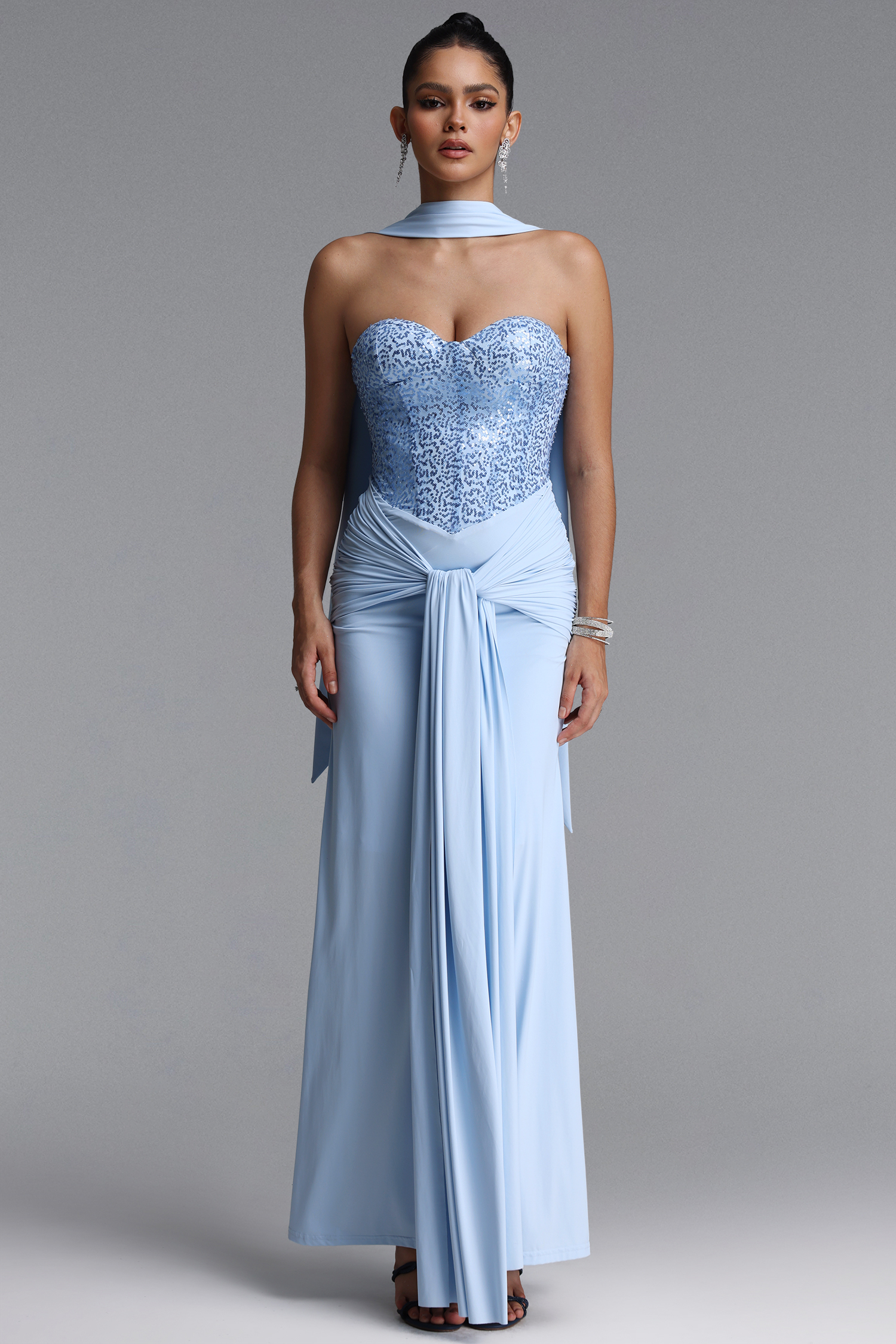 Heleza Classic Strapless Sequin Twisted Draped Maxi Dress