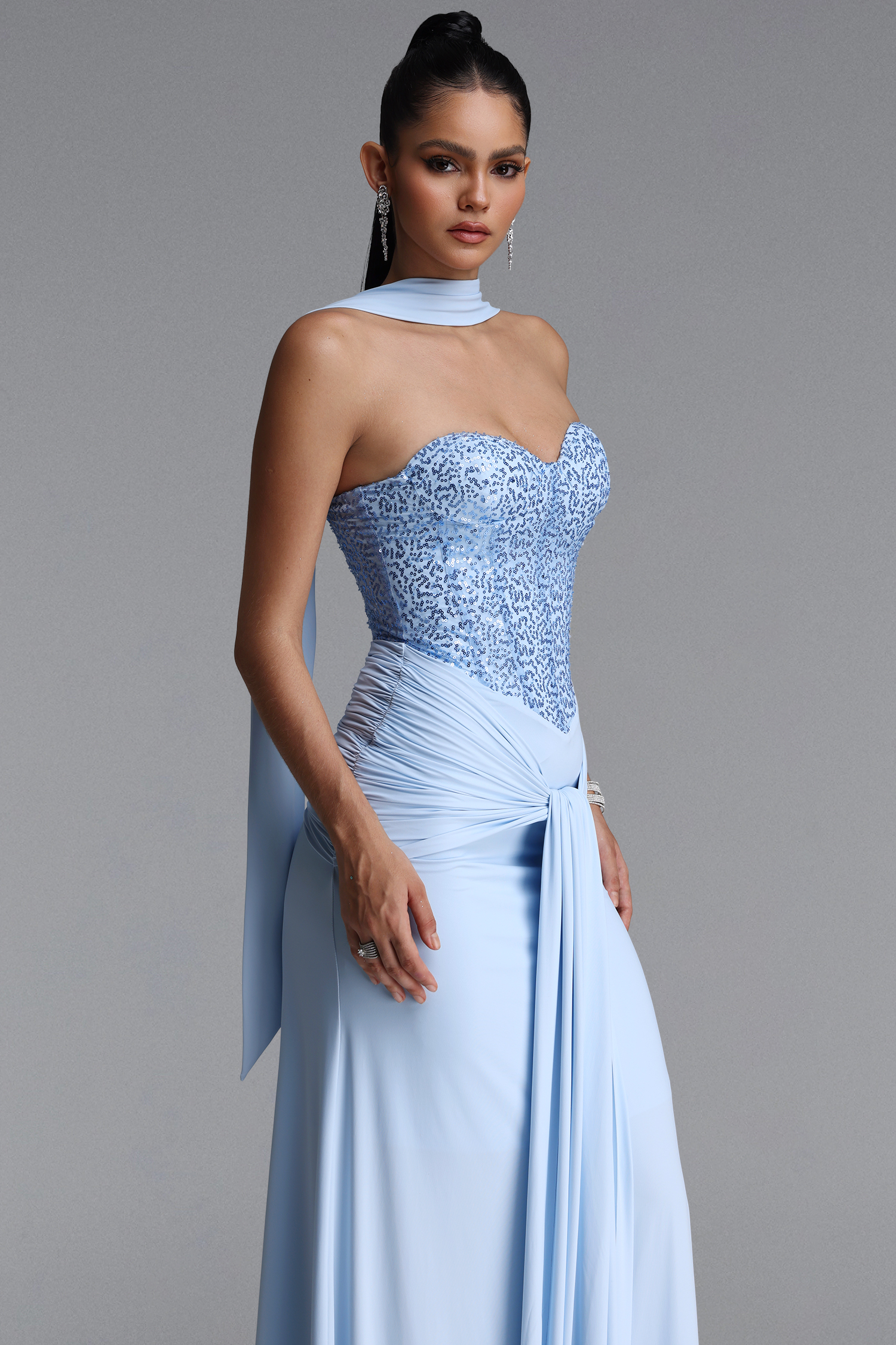 Heleza Classic Strapless Sequin Twisted Draped Maxi Dress