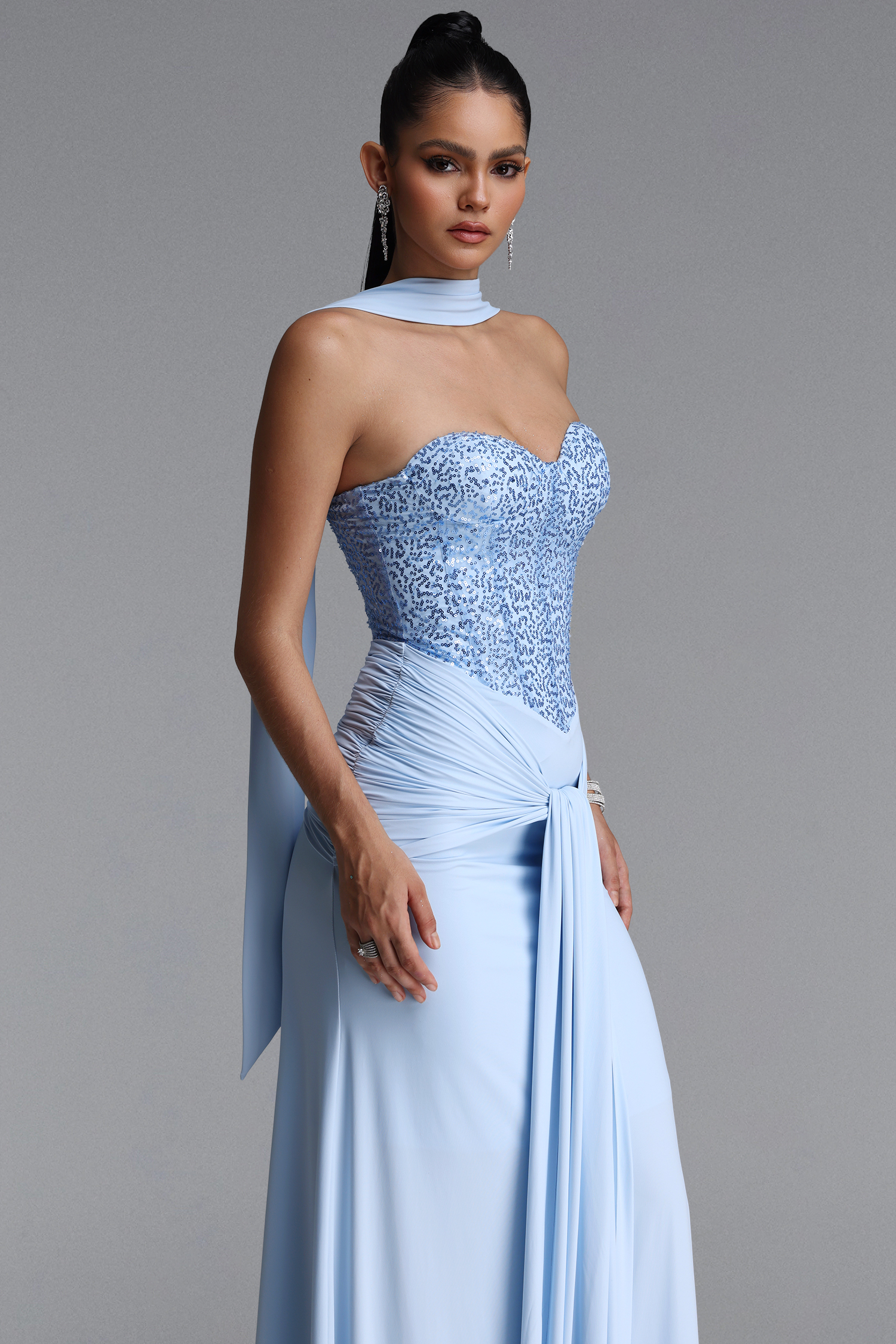 Heleza Classic Strapless Sequin Twisted Draped Maxi Dress