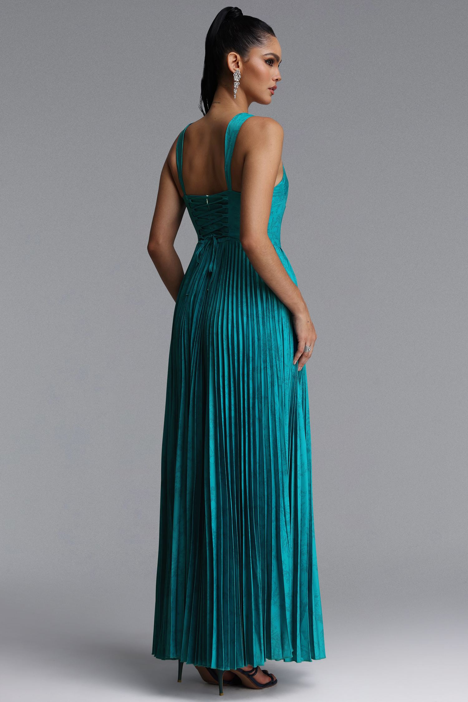 Mitra Elegant Flowy Wide Strap Heart Neck Pleated Blue Maxi Dress