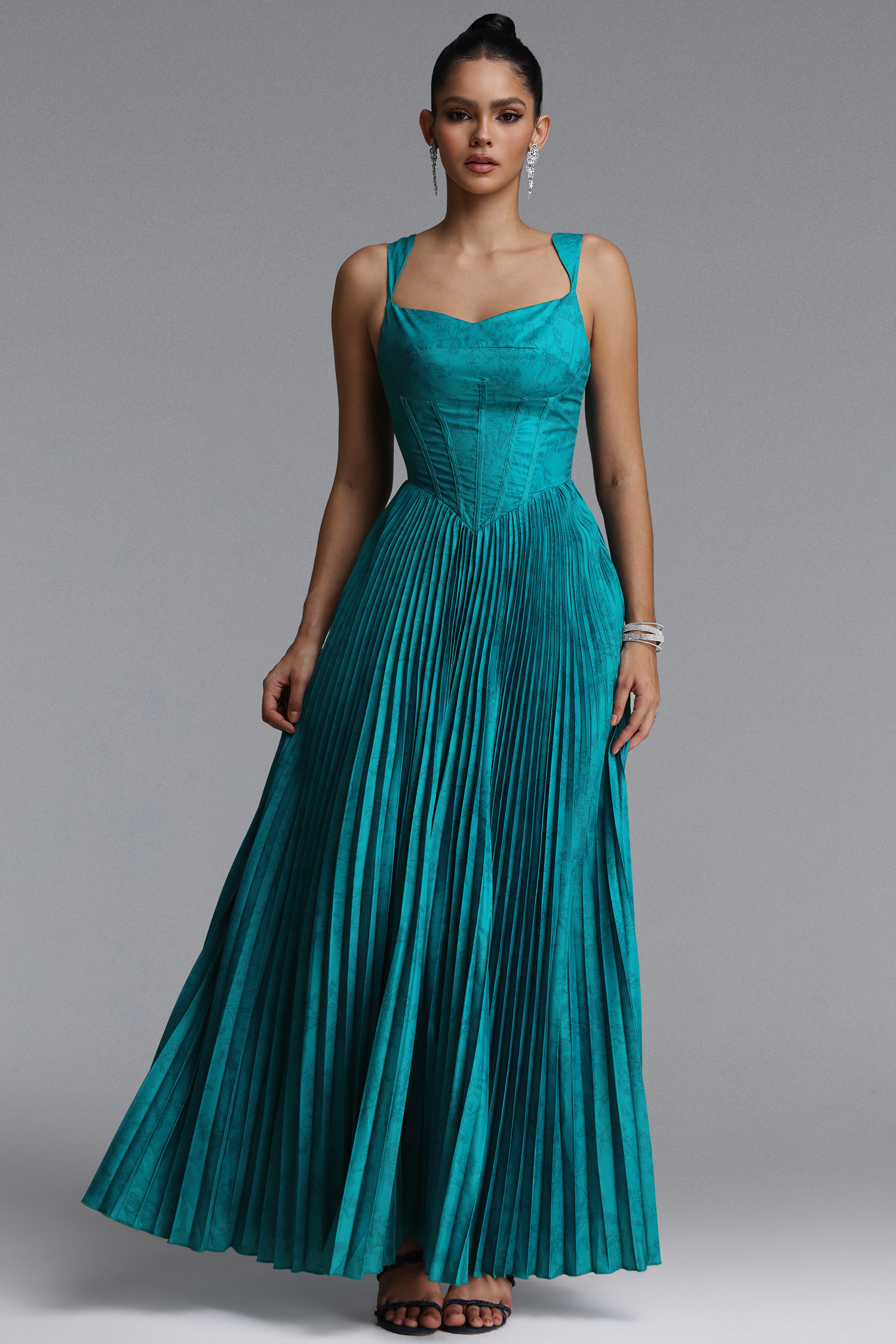 Mitra Elegant Flowy Wide Strap Heart Neck Pleated Blue Maxi Dress