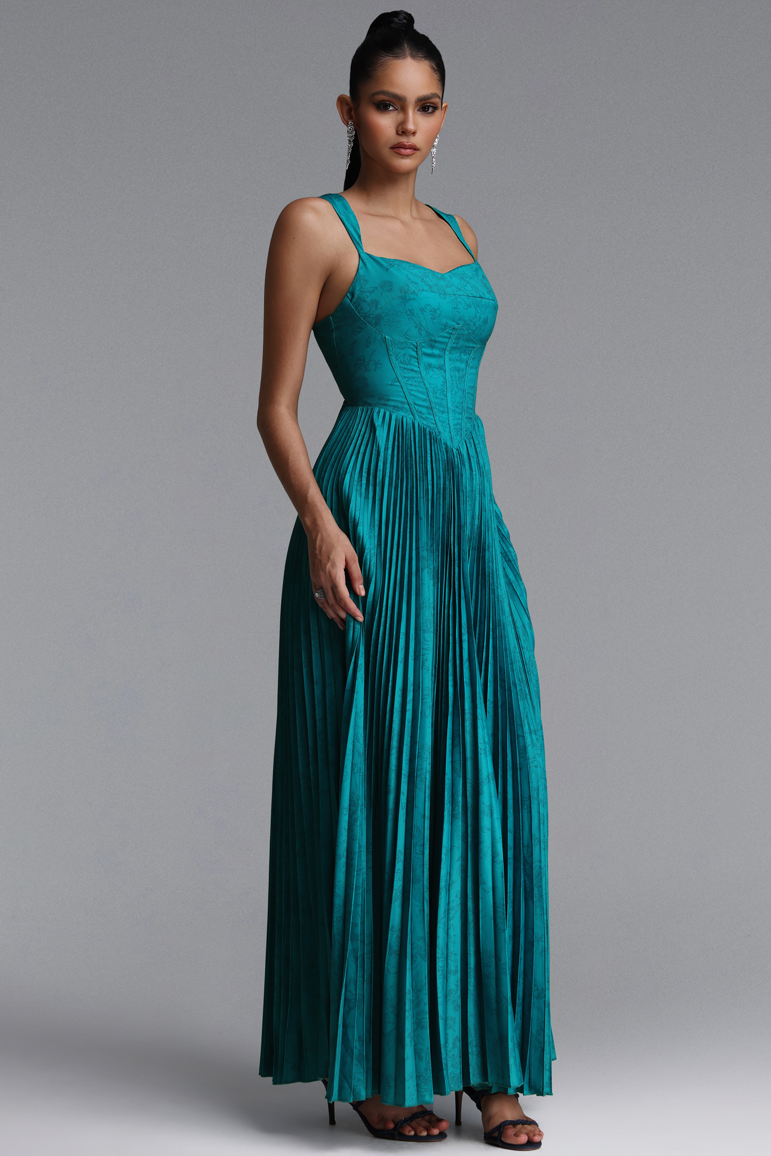 Mitra Elegant Flowy Wide Strap Heart Neck Pleated Blue Maxi Dress
