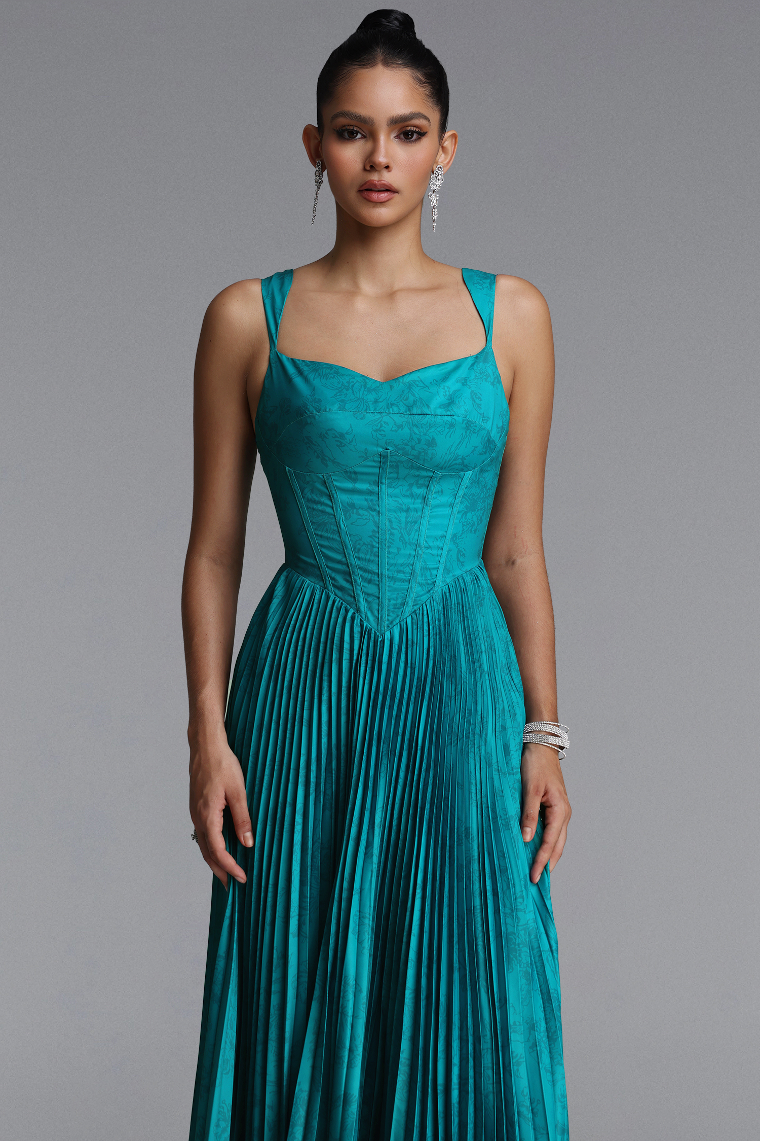 Mitra Elegant Flowy Wide Strap Heart Neck Pleated Blue Maxi Dress