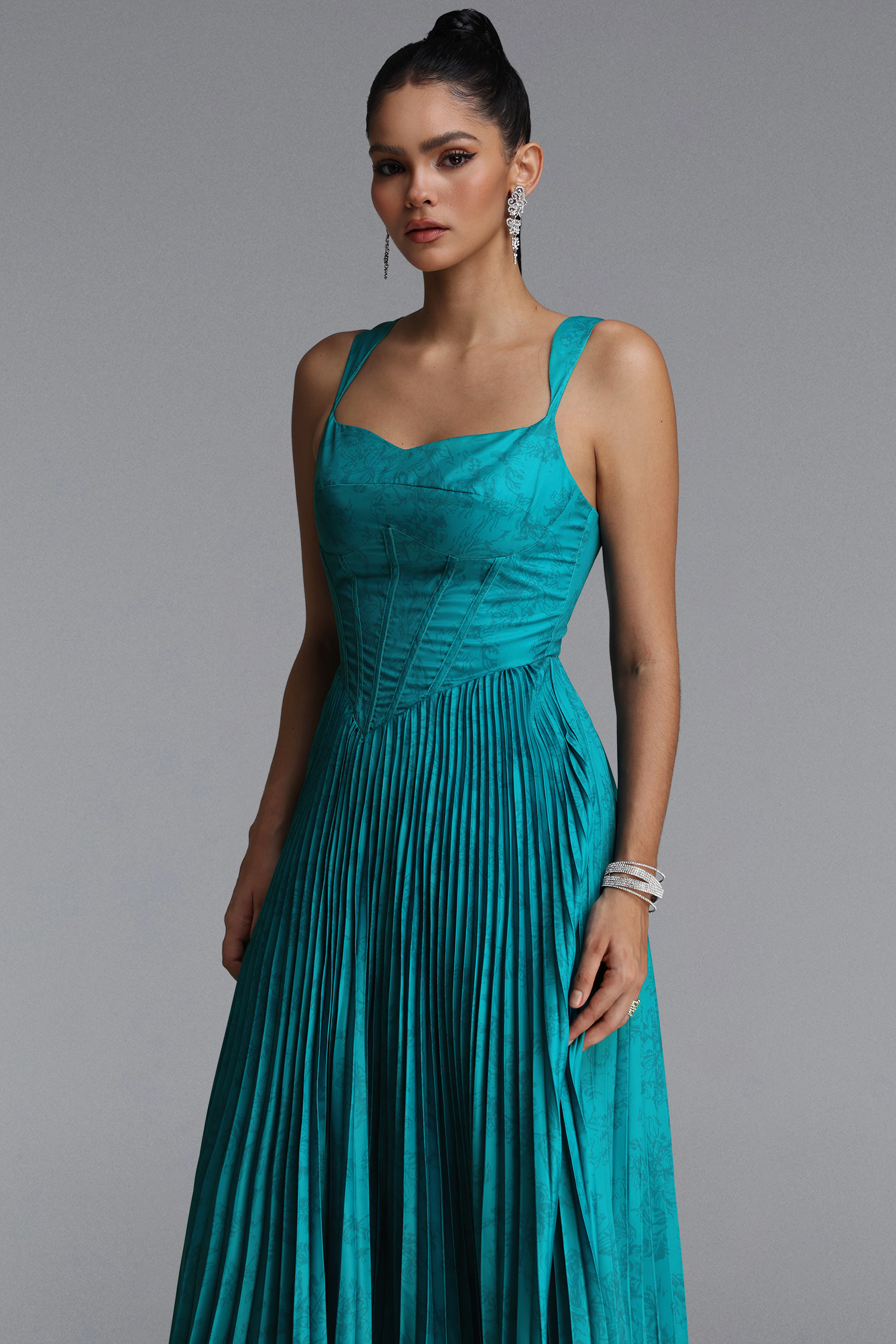 Mitra Elegant Flowy Wide Strap Heart Neck Pleated Blue Maxi Dress