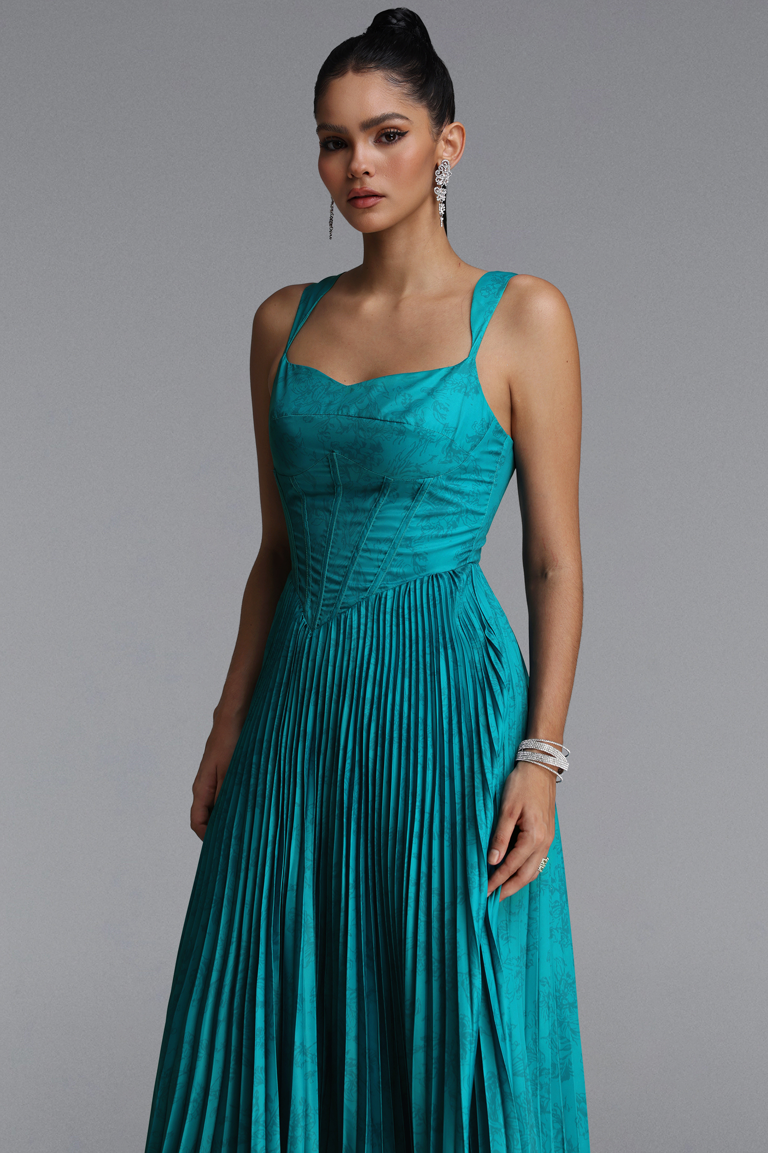 Mitra Elegant Flowy Wide Strap Heart Neck Pleated Blue Maxi Dress