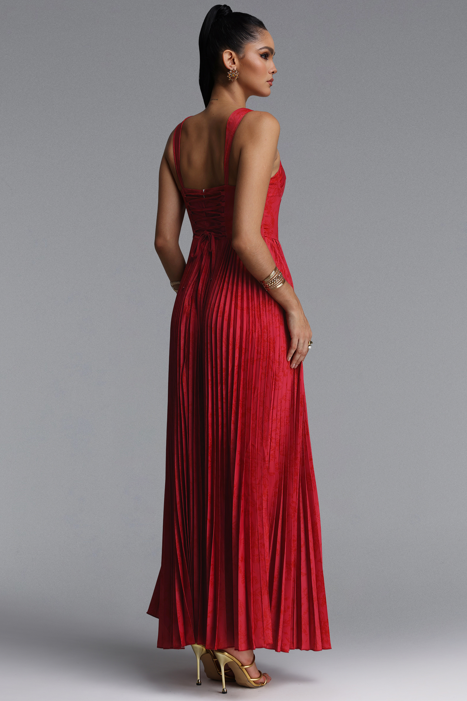 Mitra Elegant Flowy Wide Strap Heart Neck Pleated Red Maxi Dress