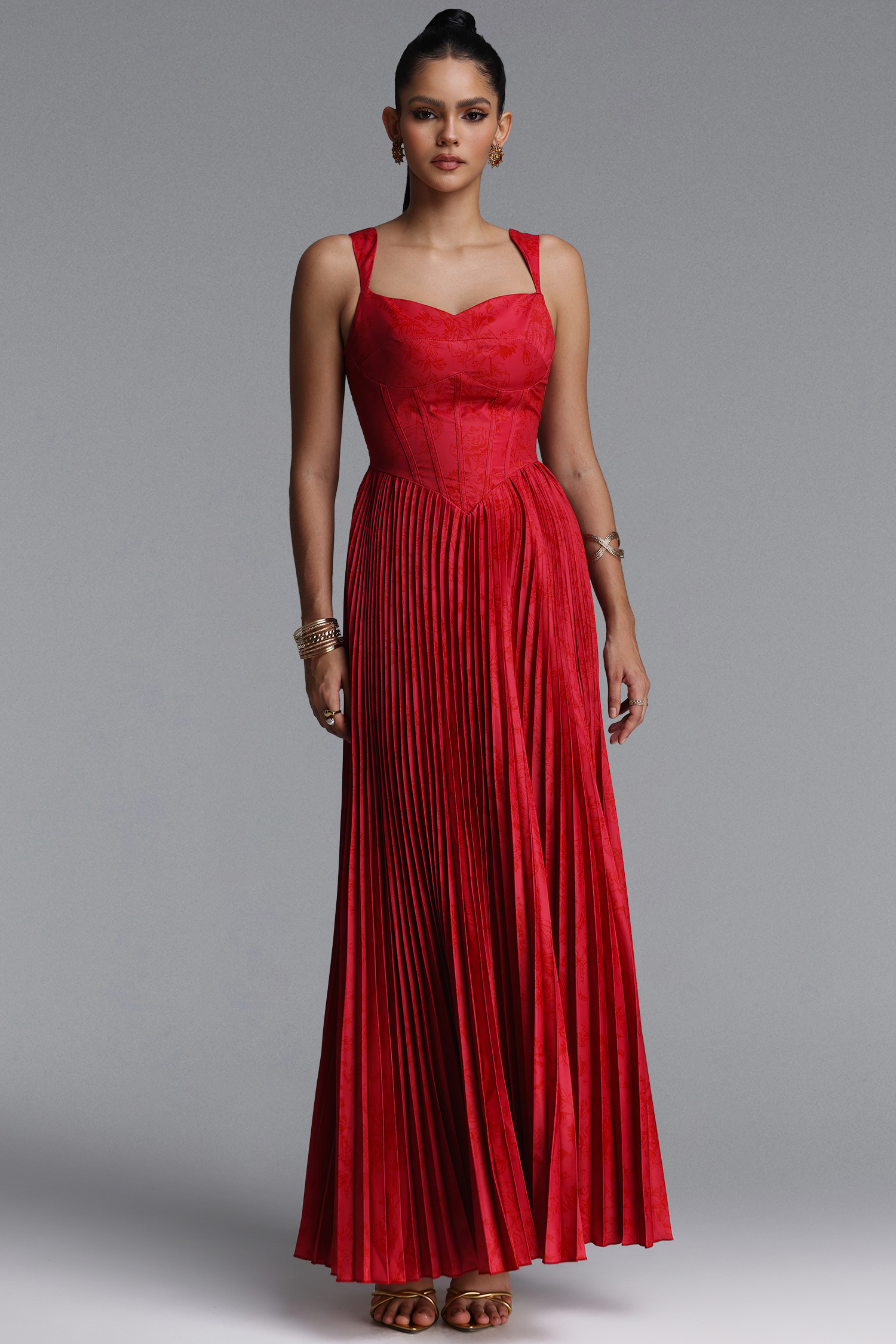 Mitra Elegant Flowy Wide Strap Heart Neck Pleated Red Maxi Dress