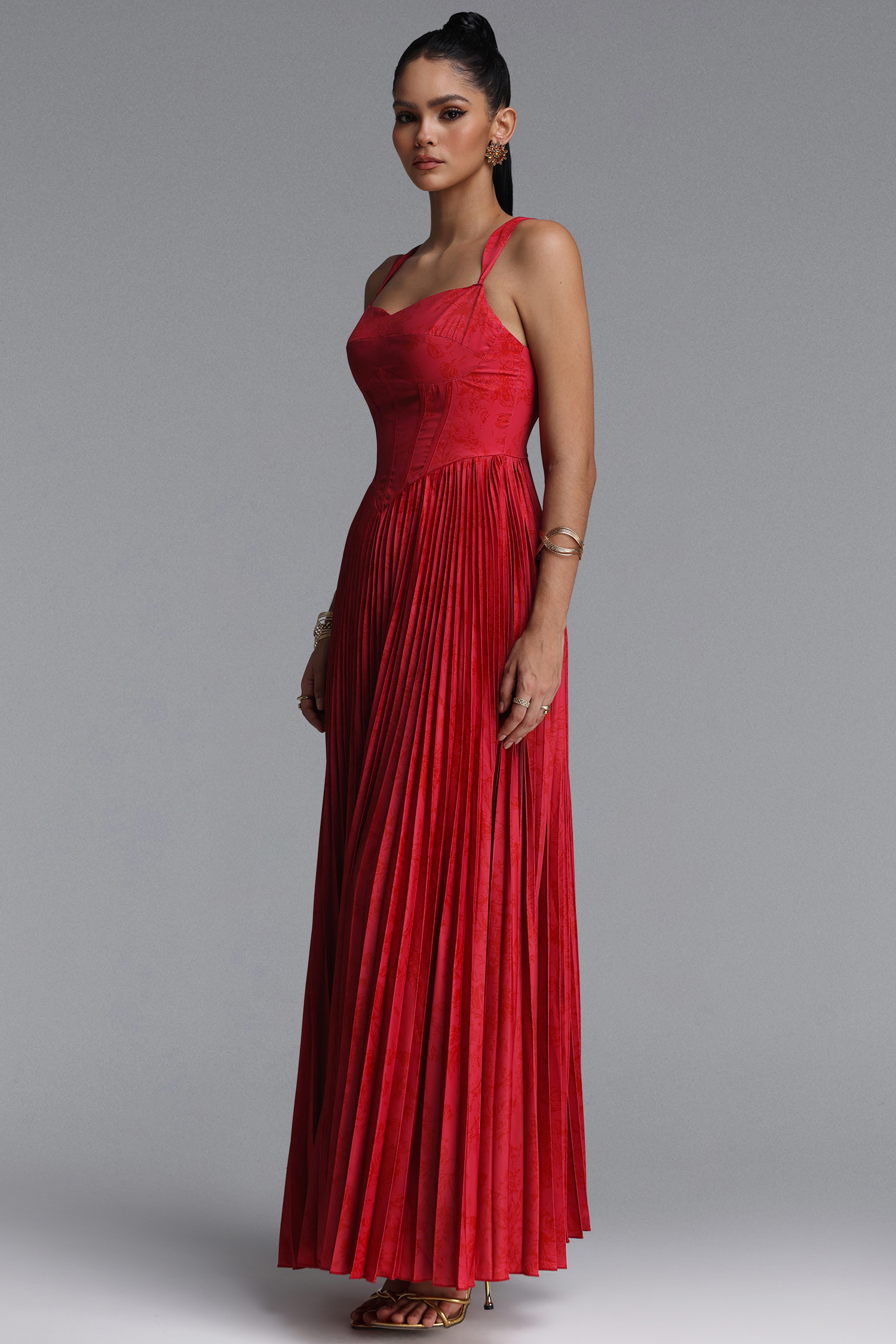Mitra Elegant Flowy Wide Strap Heart Neck Pleated Red Maxi Dress