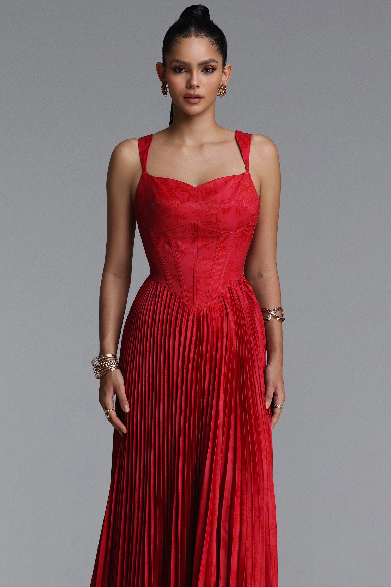 Mitra Elegant Flowy Wide Strap Heart Neck Pleated Red Maxi Dress
