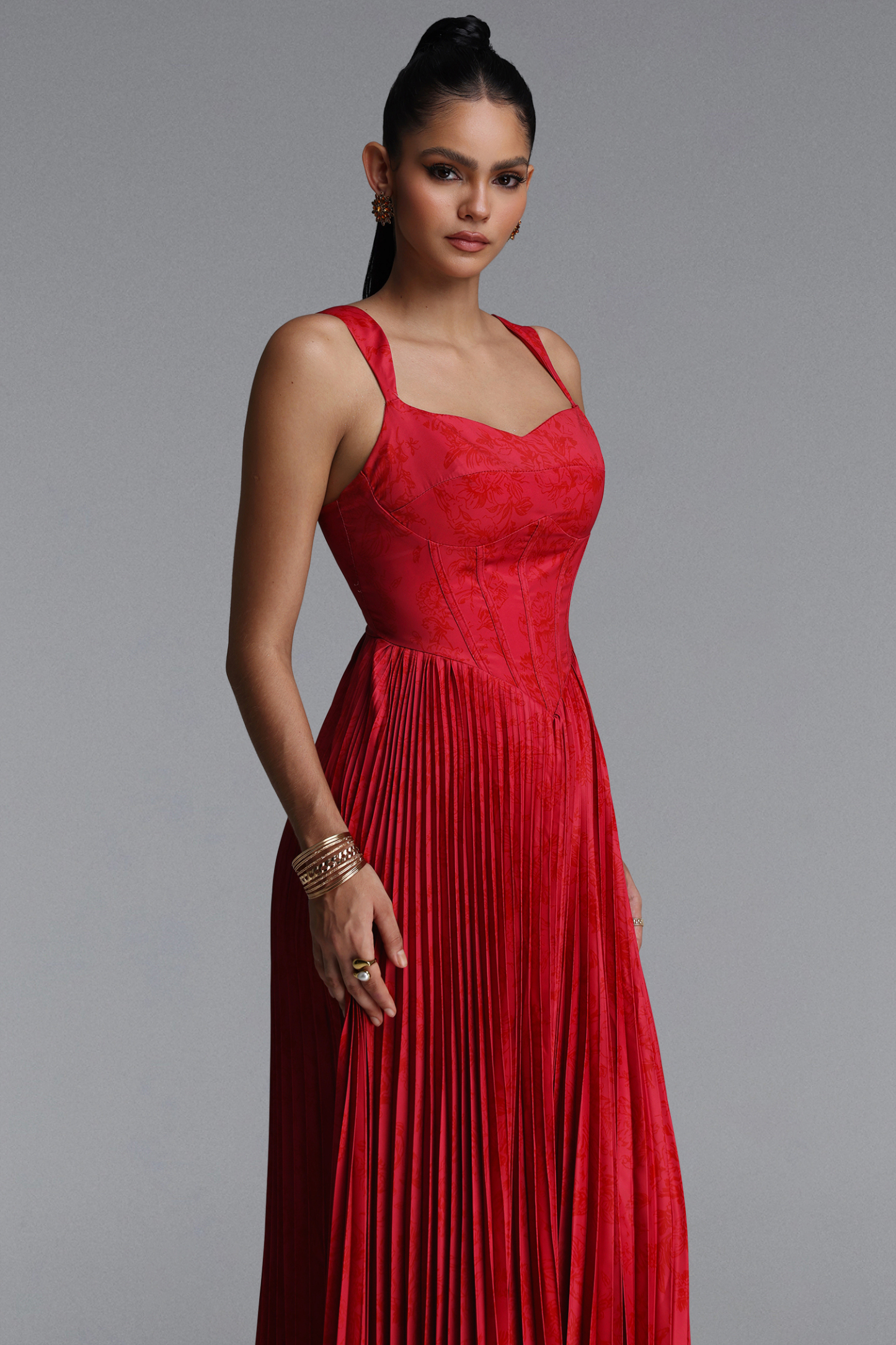 Mitra Elegant Flowy Wide Strap Heart Neck Pleated Red Maxi Dress