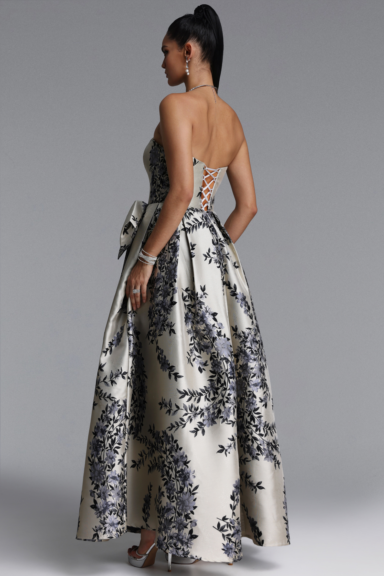 Sabina Classic Strapless Bow Floral Print Satin Maxi Dress