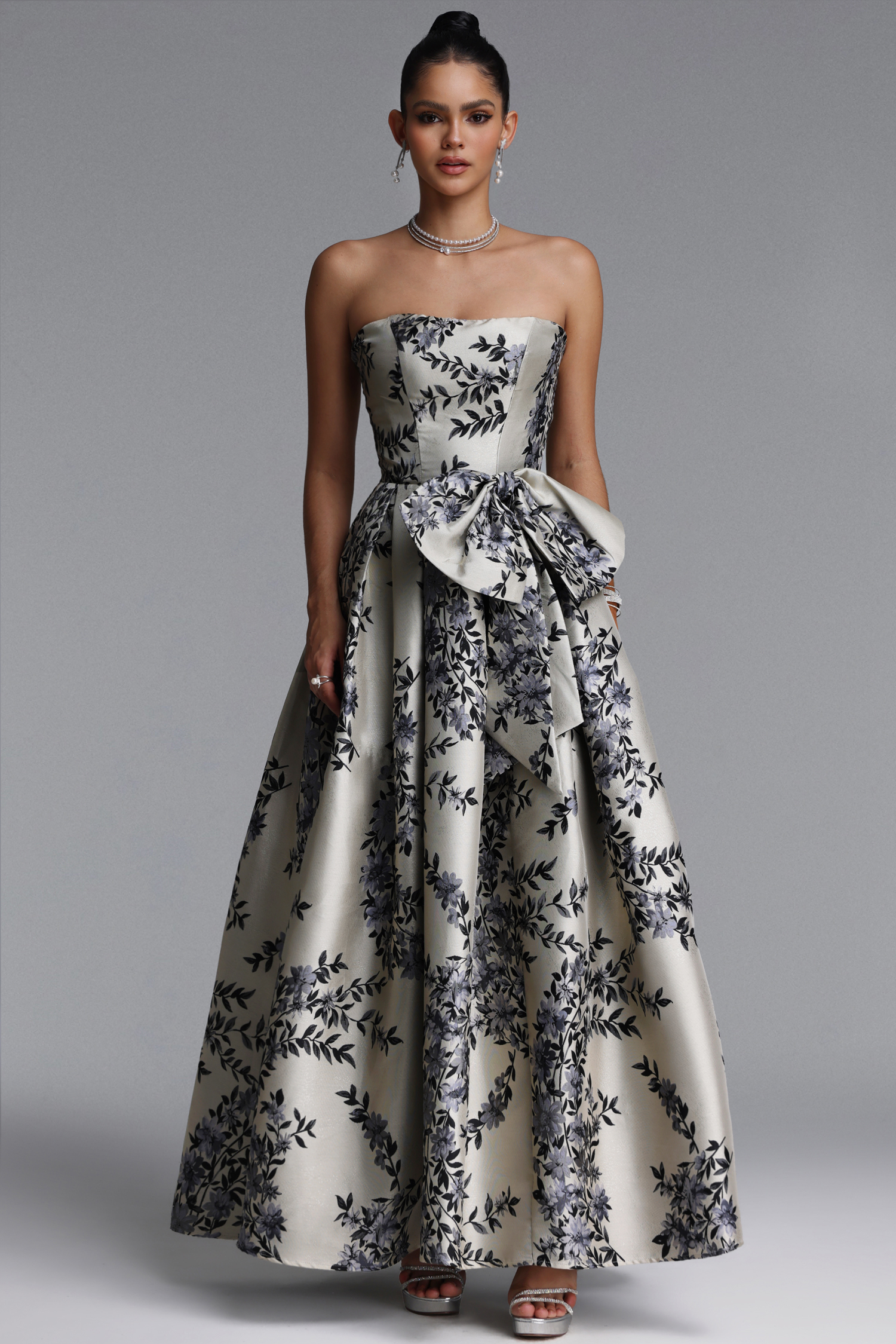 Sabina Classic Strapless Bow Floral Print Satin Maxi Dress