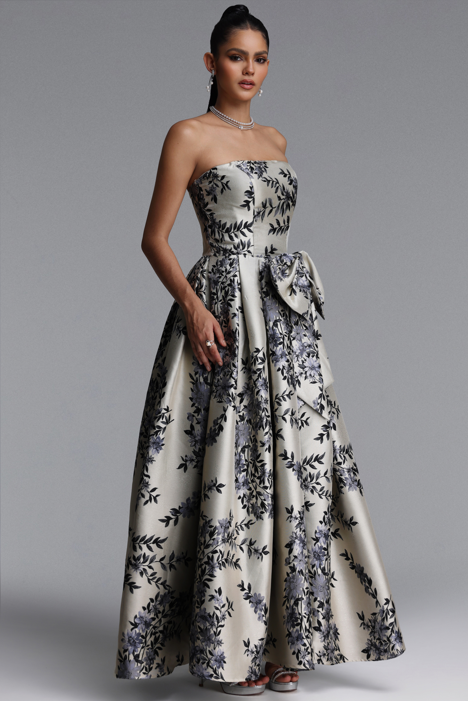 Sabina Classic Strapless Bow Floral Print Satin Maxi Dress