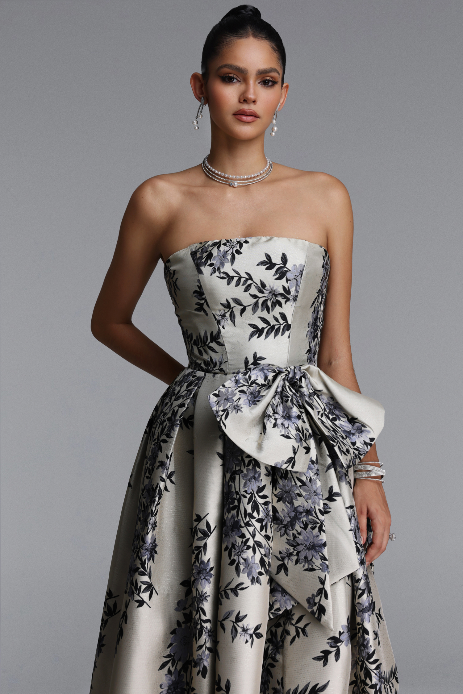 Sabina Classic Strapless Bow Floral Print Satin Maxi Dress