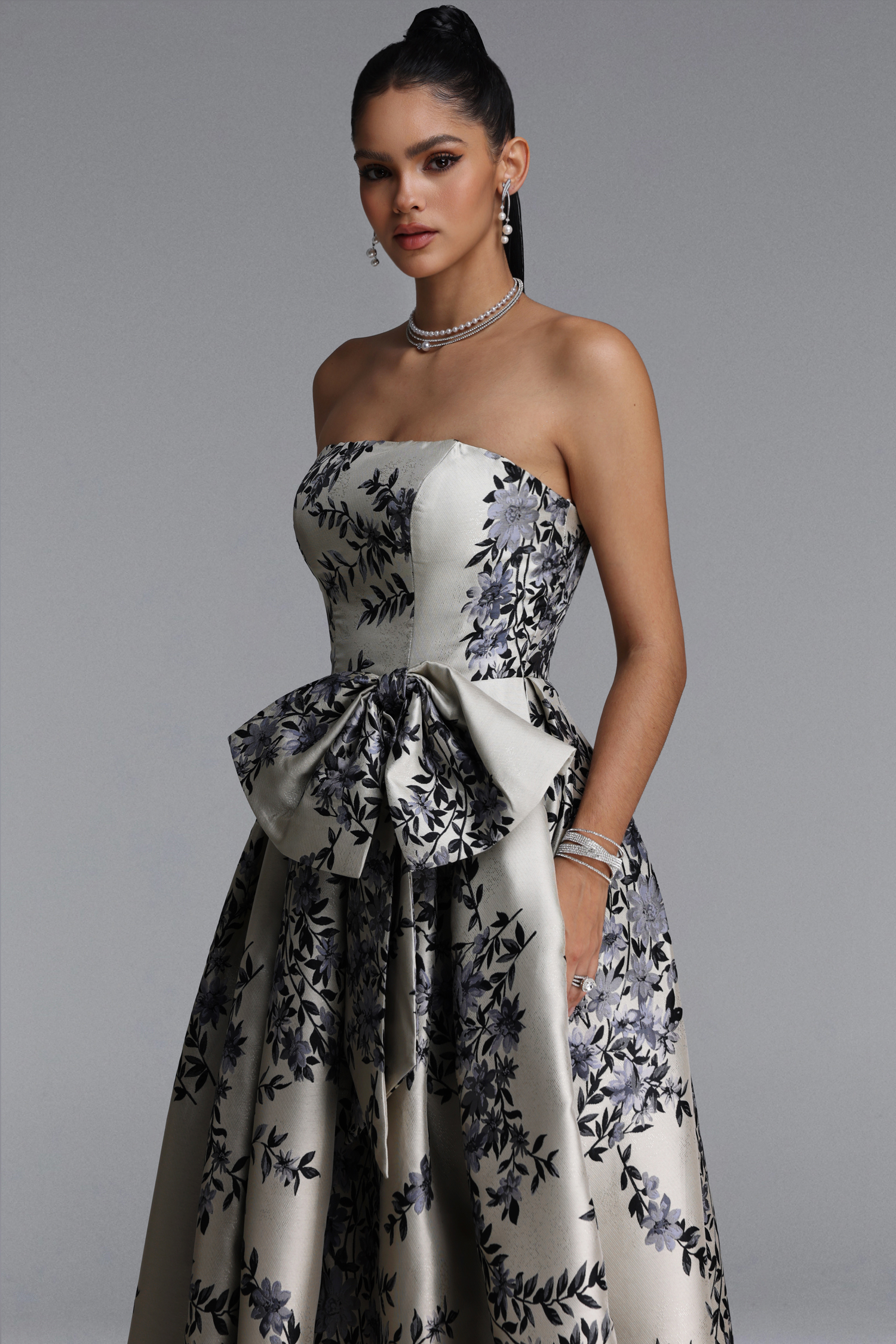 Sabina Classic Strapless Bow Floral Print Satin Maxi Dress