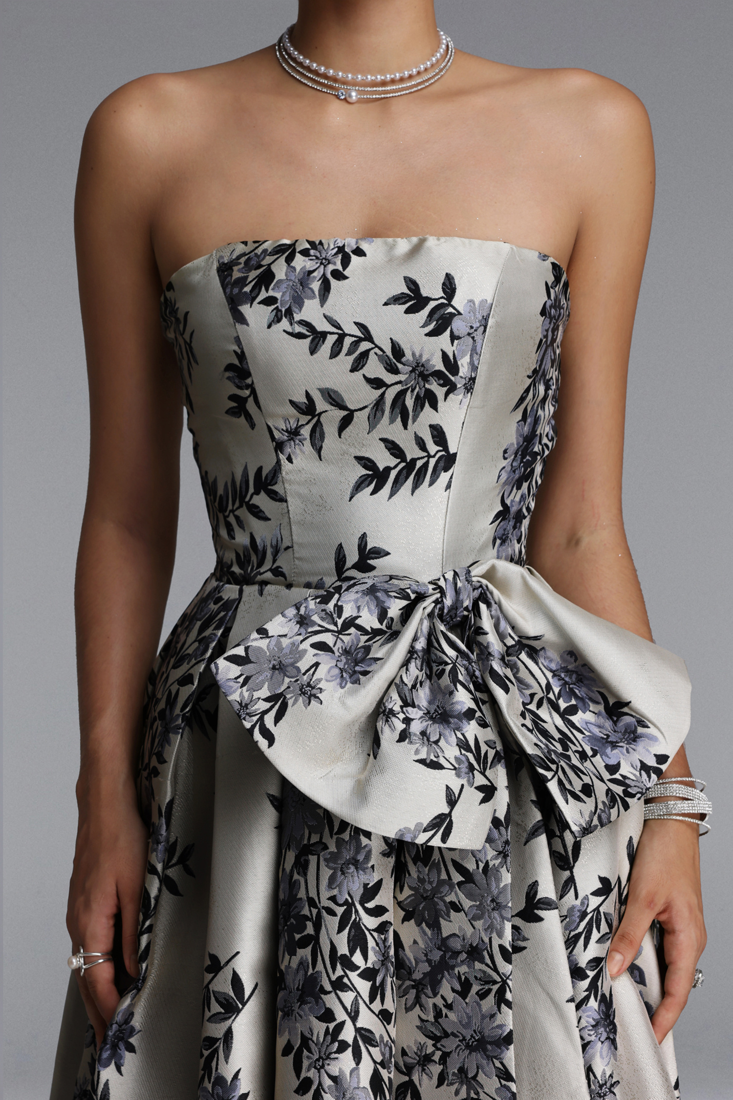 Sabina Classic Strapless Bow Floral Print Satin Maxi Dress
