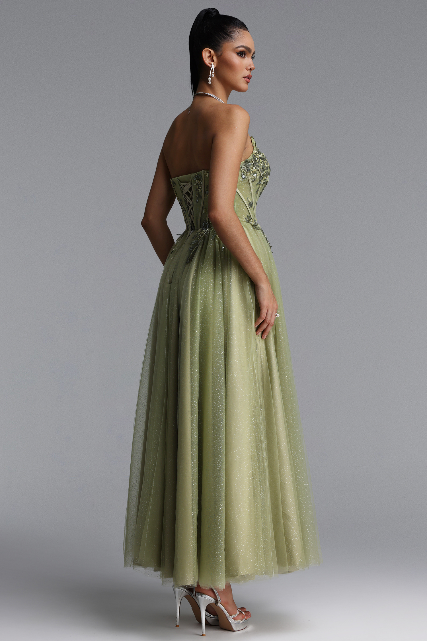 Naida Elegant Strapless Corset Floral Glitter Tulle Green Maxi Dress