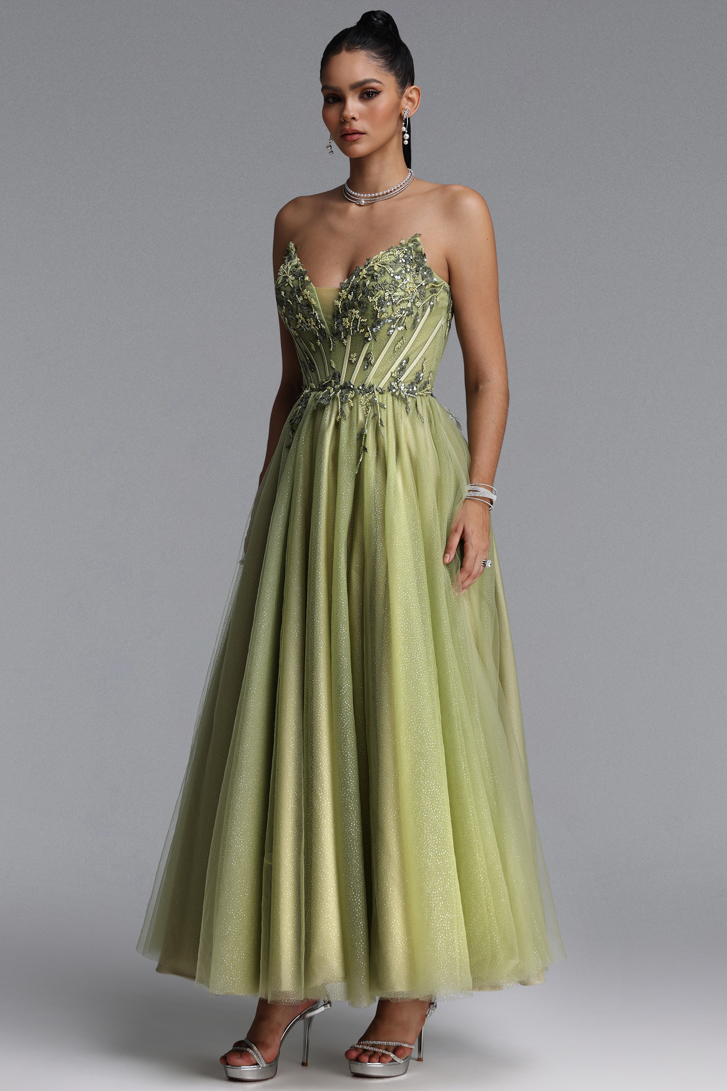 Naida Elegant Strapless Corset Floral Glitter Tulle Green Maxi Dress