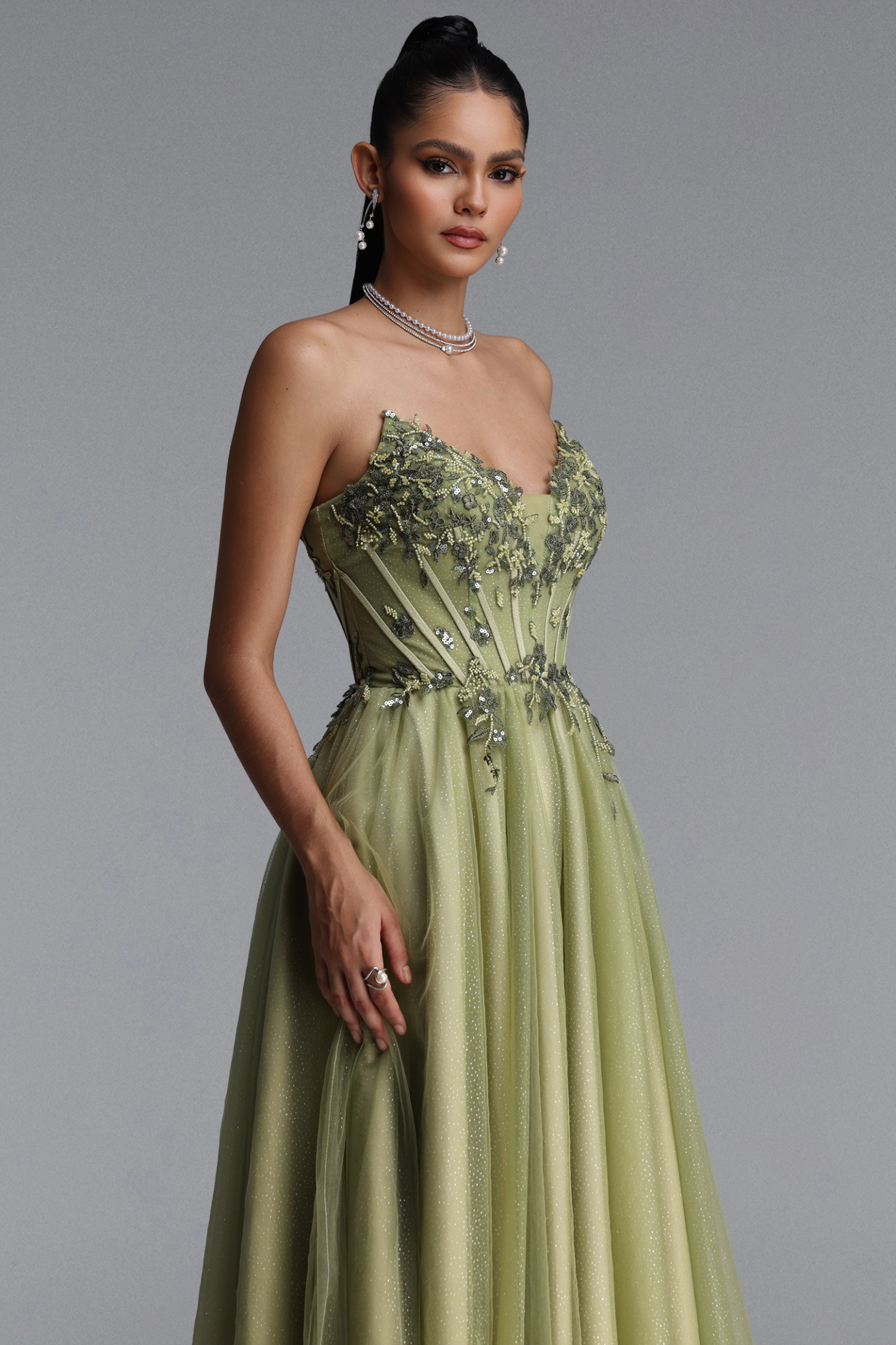 Naida Elegant Strapless Corset Floral Glitter Tulle Green Maxi Dress