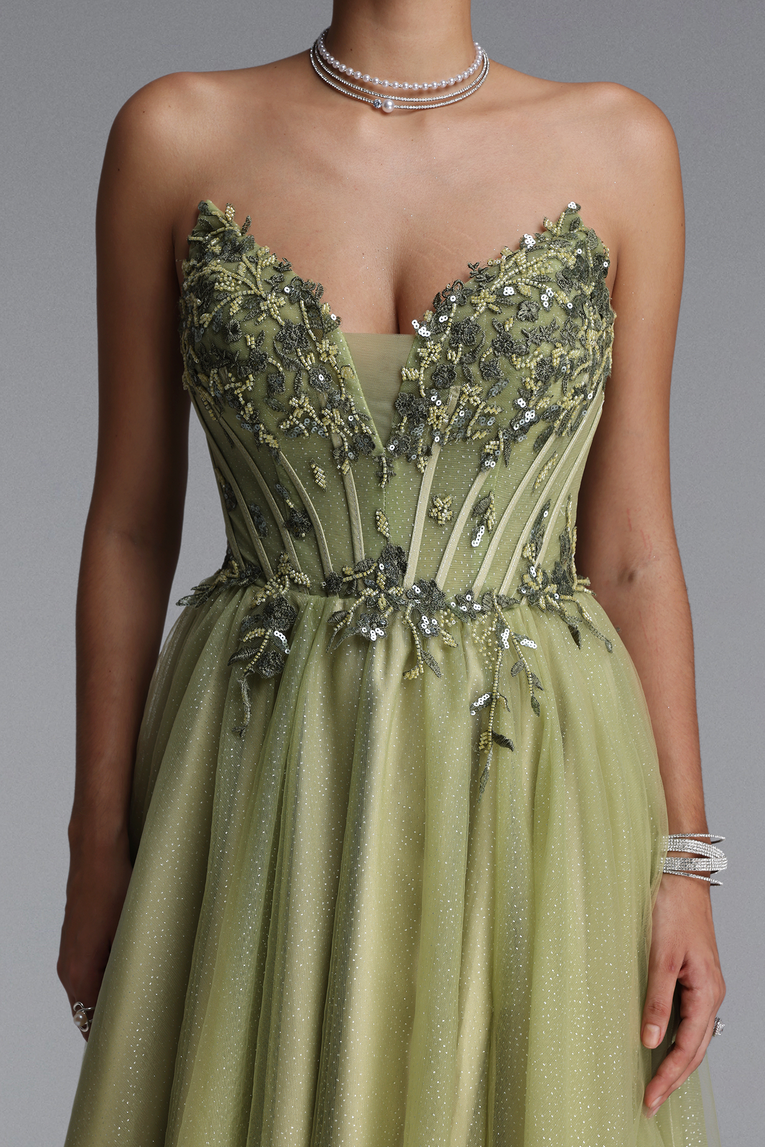 Naida Elegant Strapless Corset Floral Glitter Tulle Green Maxi Dress