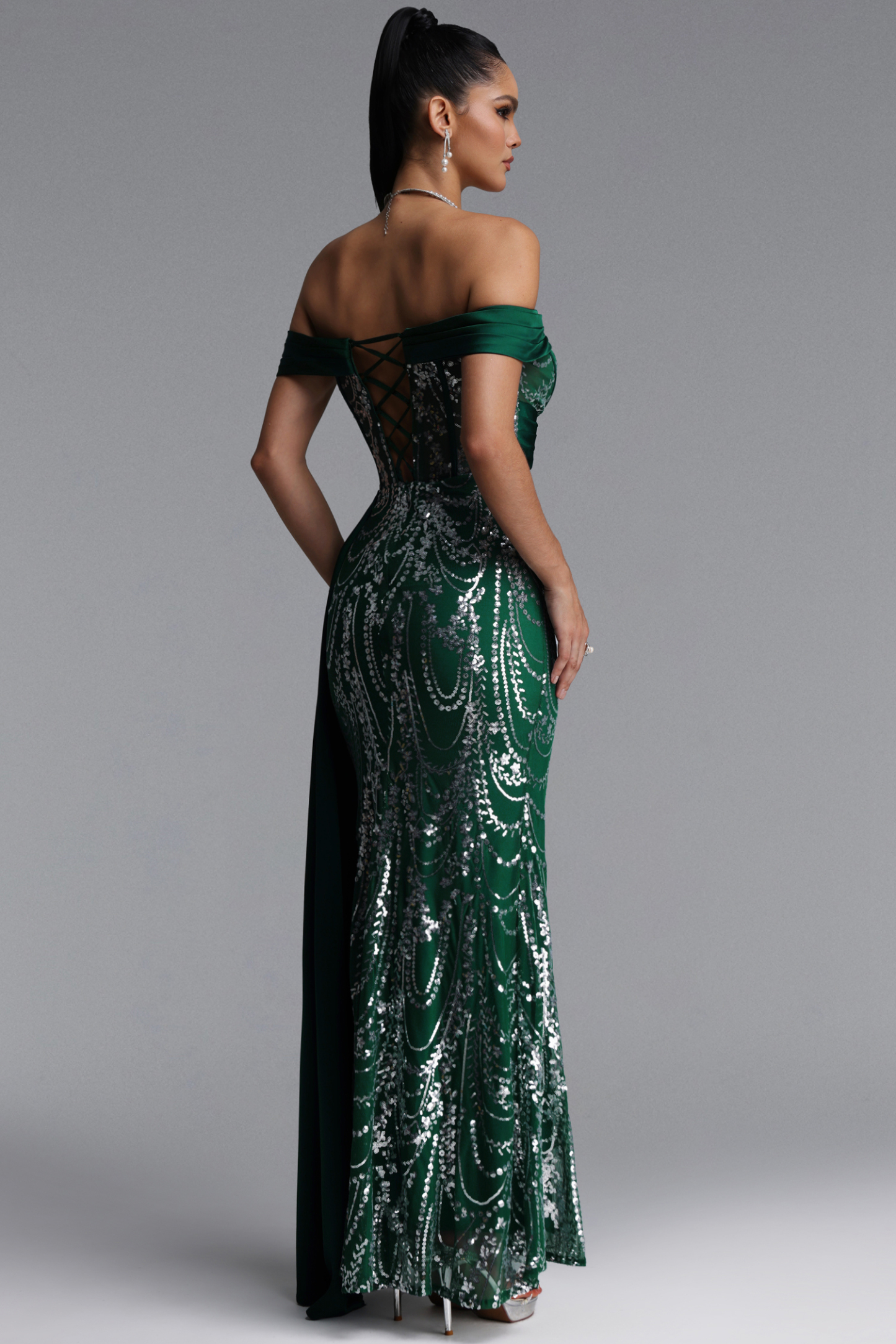 Rosie Elegant Off Shoulder Sequin Sash Maxi Dress