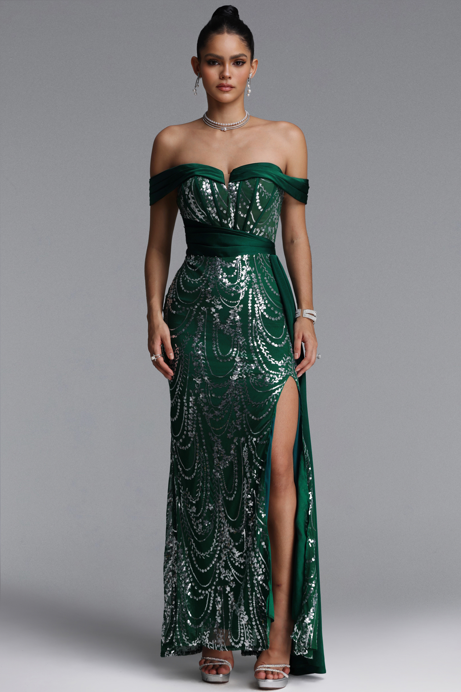 Rosie Elegant Off Shoulder Sequin Sash Maxi Dress